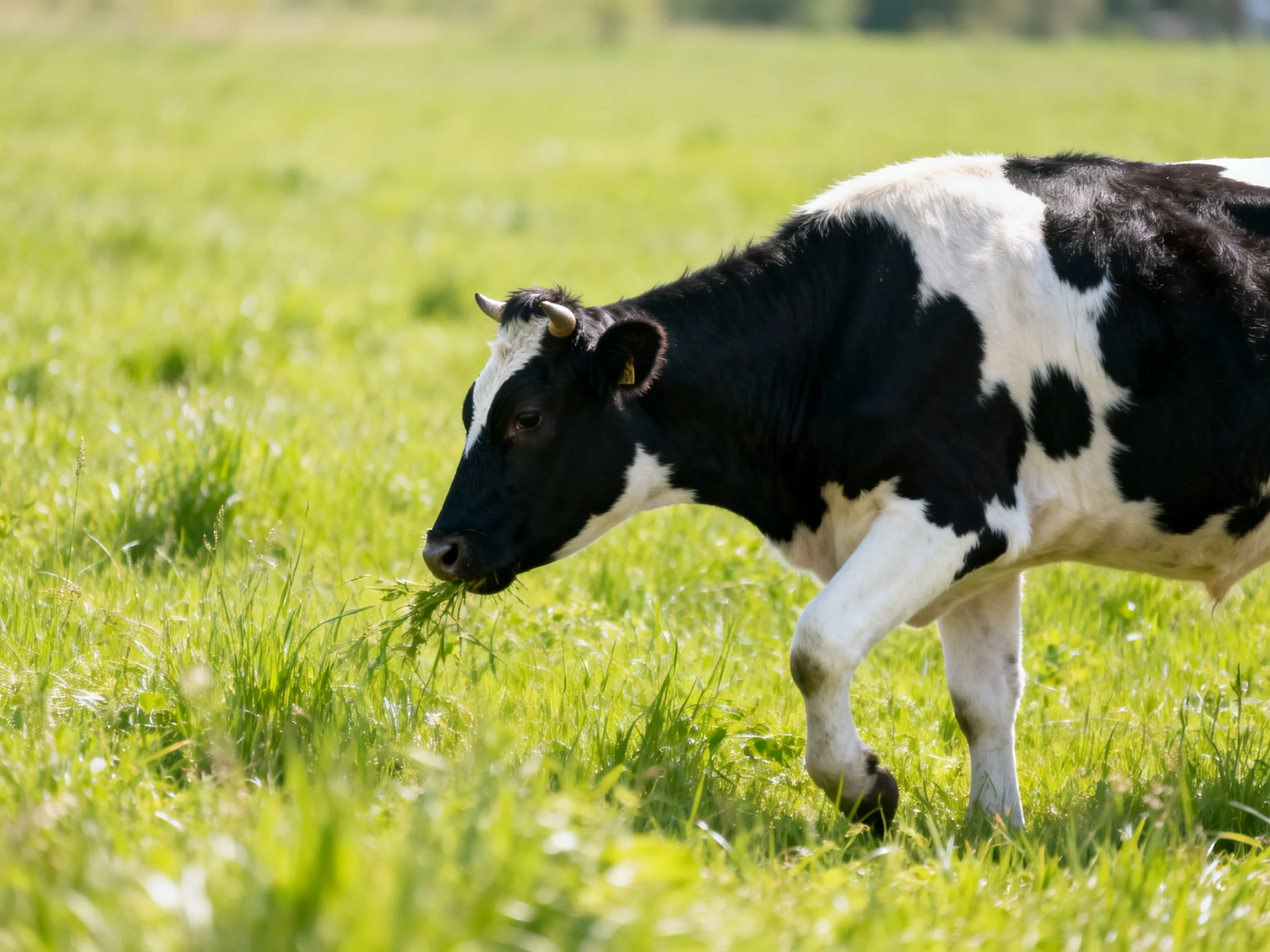 Black and white cow grazing in a sunny green pasture
