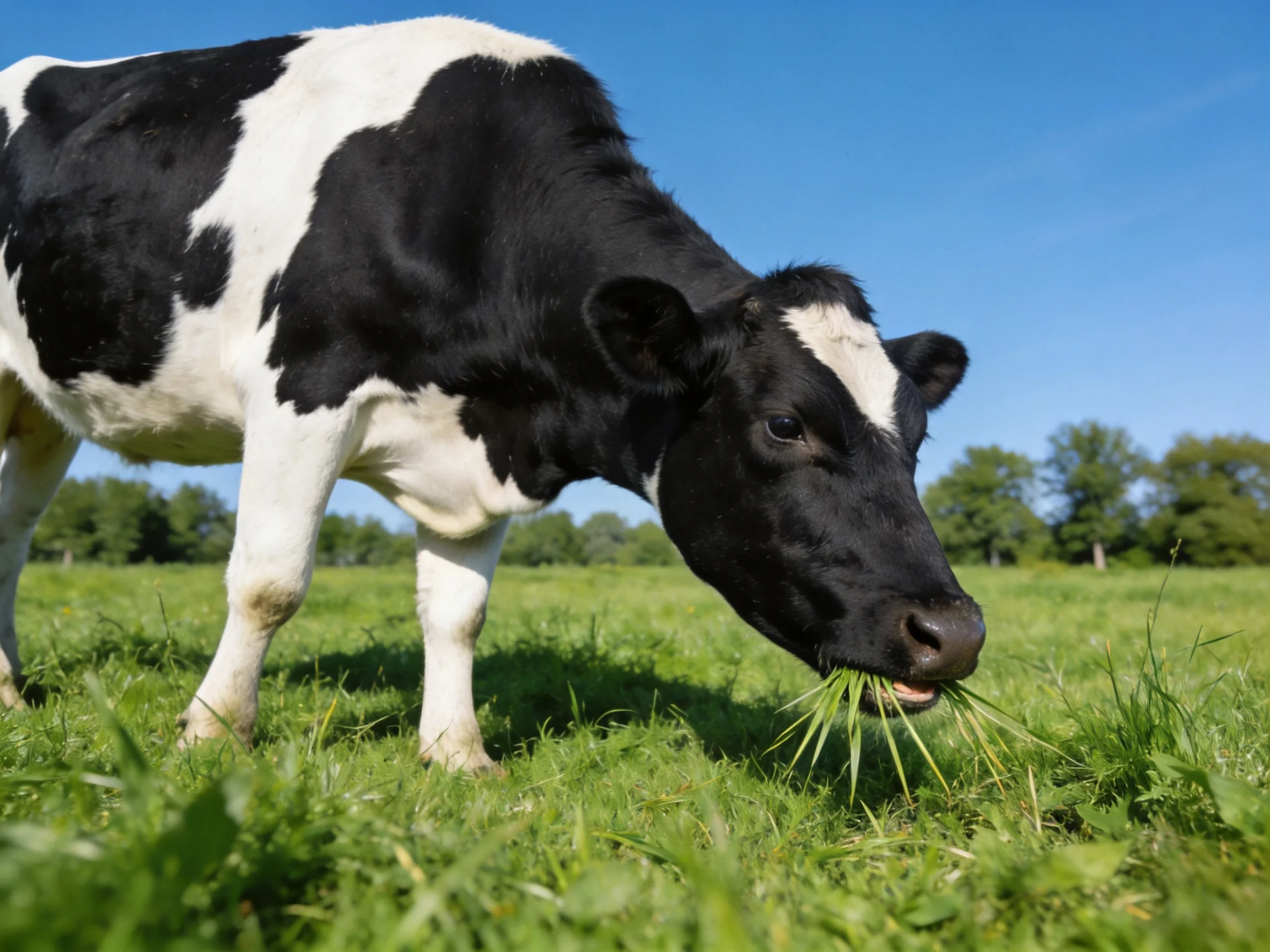 A black and white cow grazes on grass in a sunny pasture.