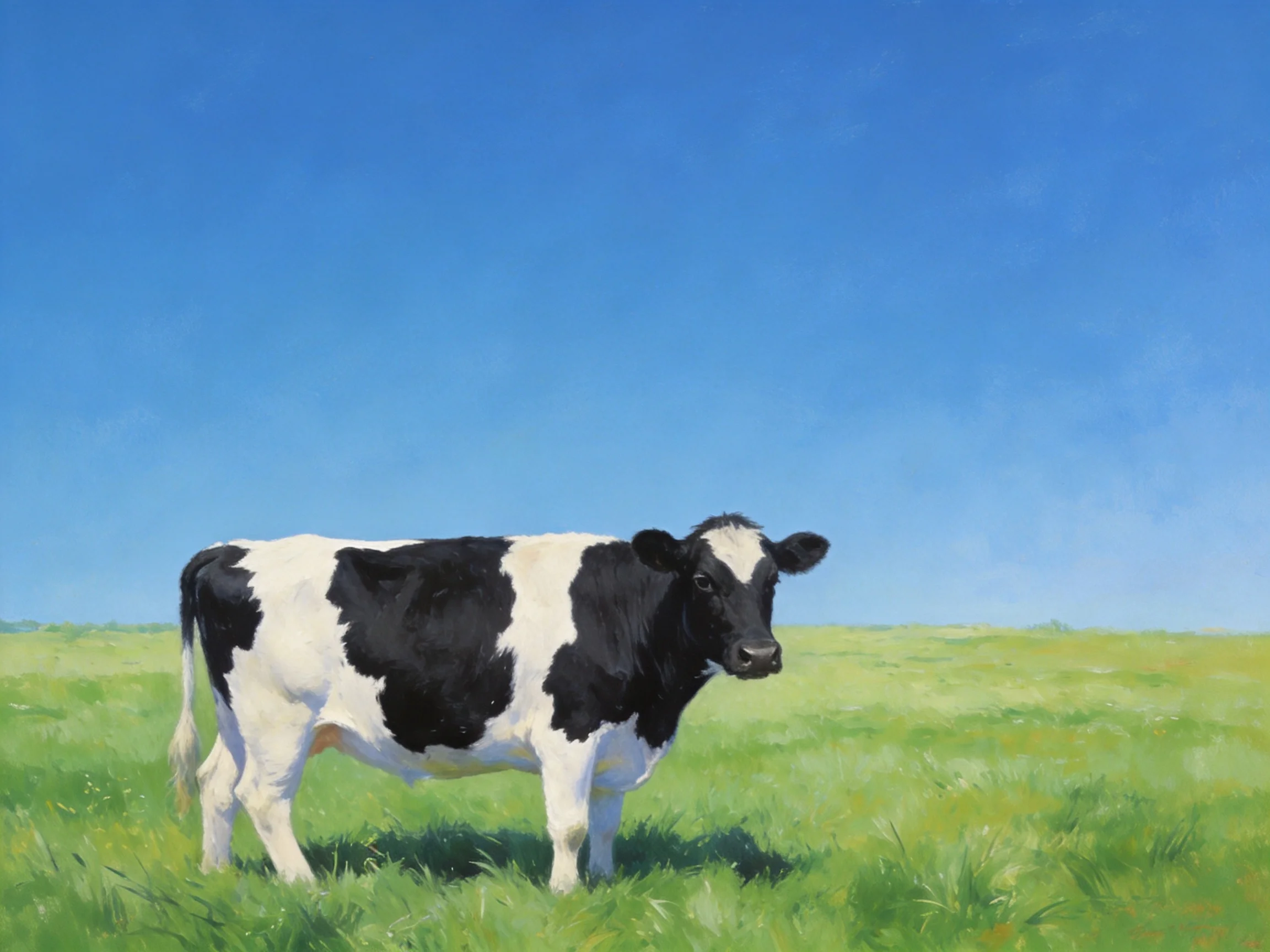 Black and white cow in a green pasture under a clear blue sky