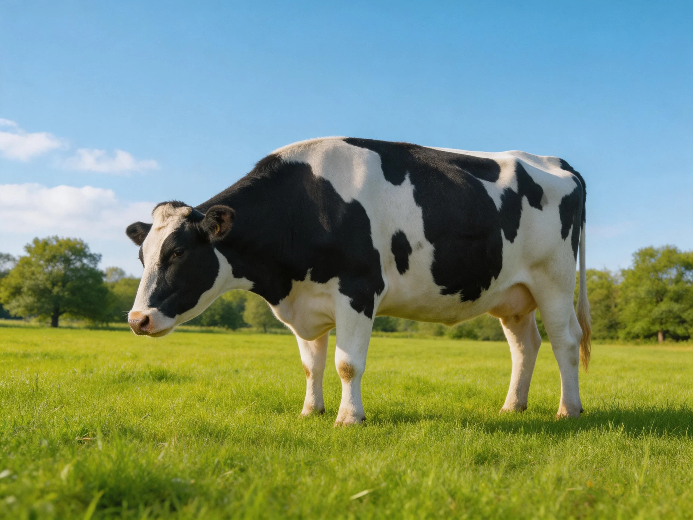 Black and white cow in a green pasture under blue sky