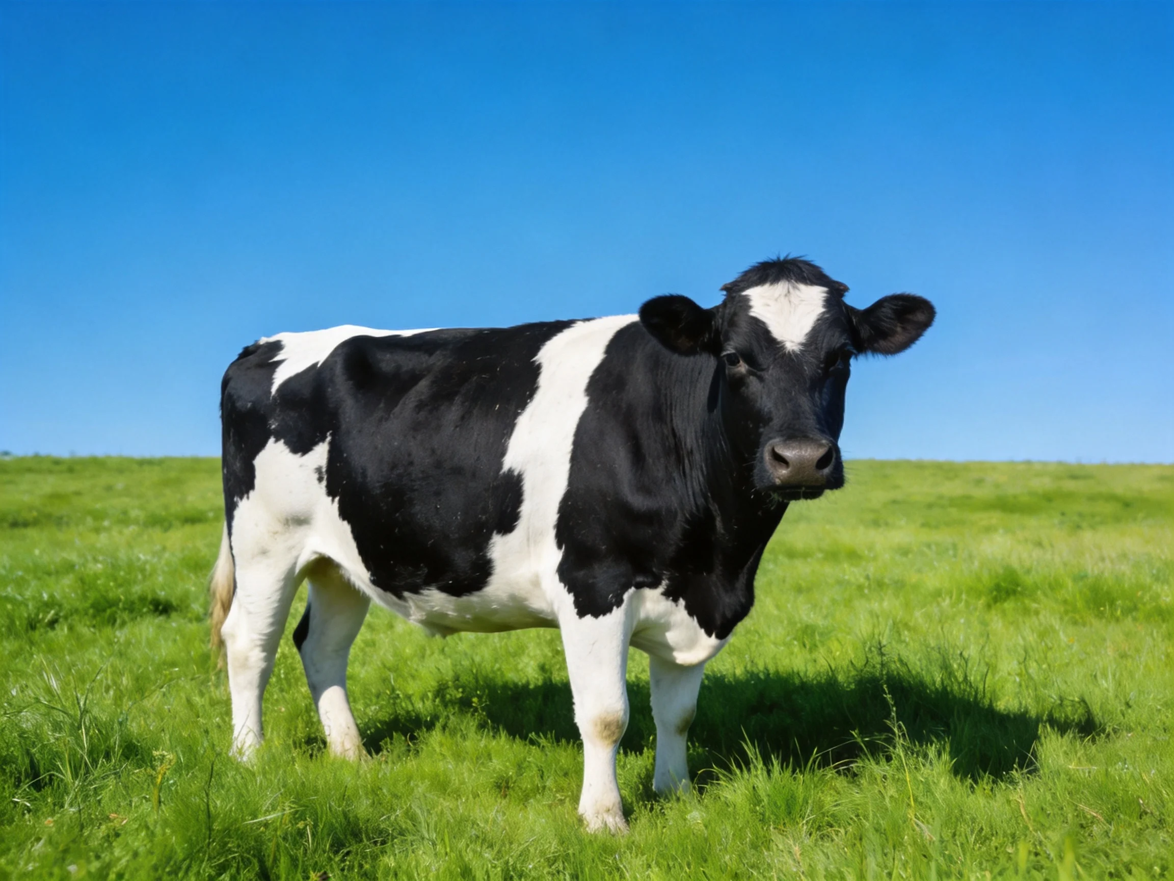 Black and white cow in a lush green meadow under clear blue sky