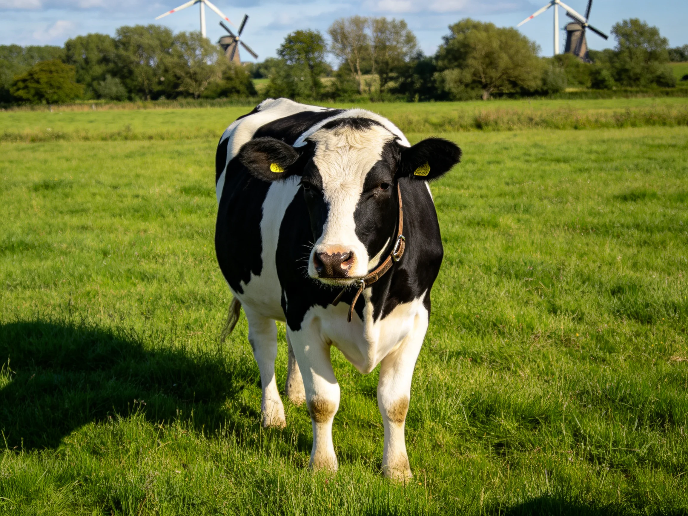 A black and white cow stands in a sunlit green pasture with windmills in the distance.