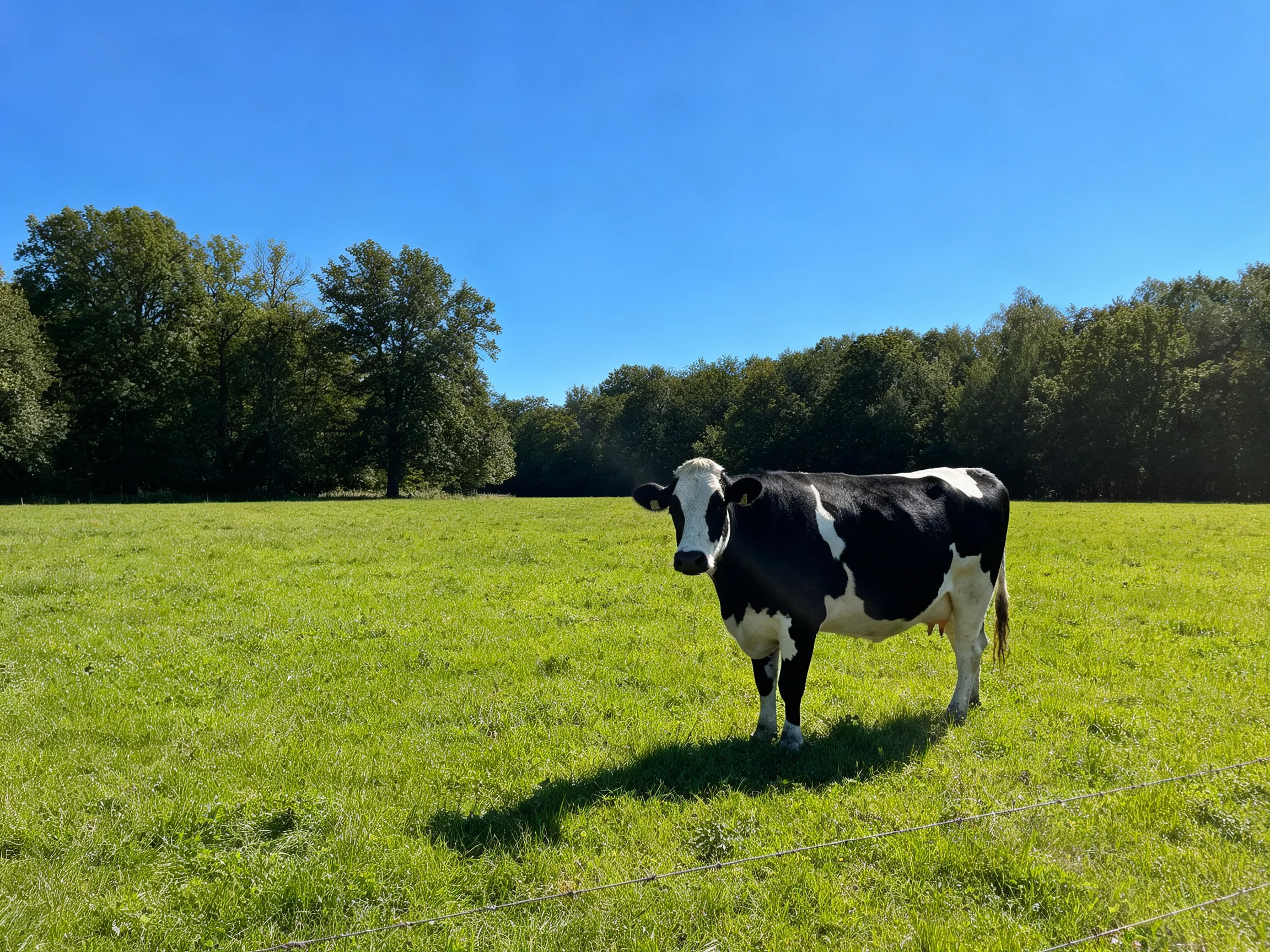 Black-and-white cow in a sunlit green pasture with forest backdrop