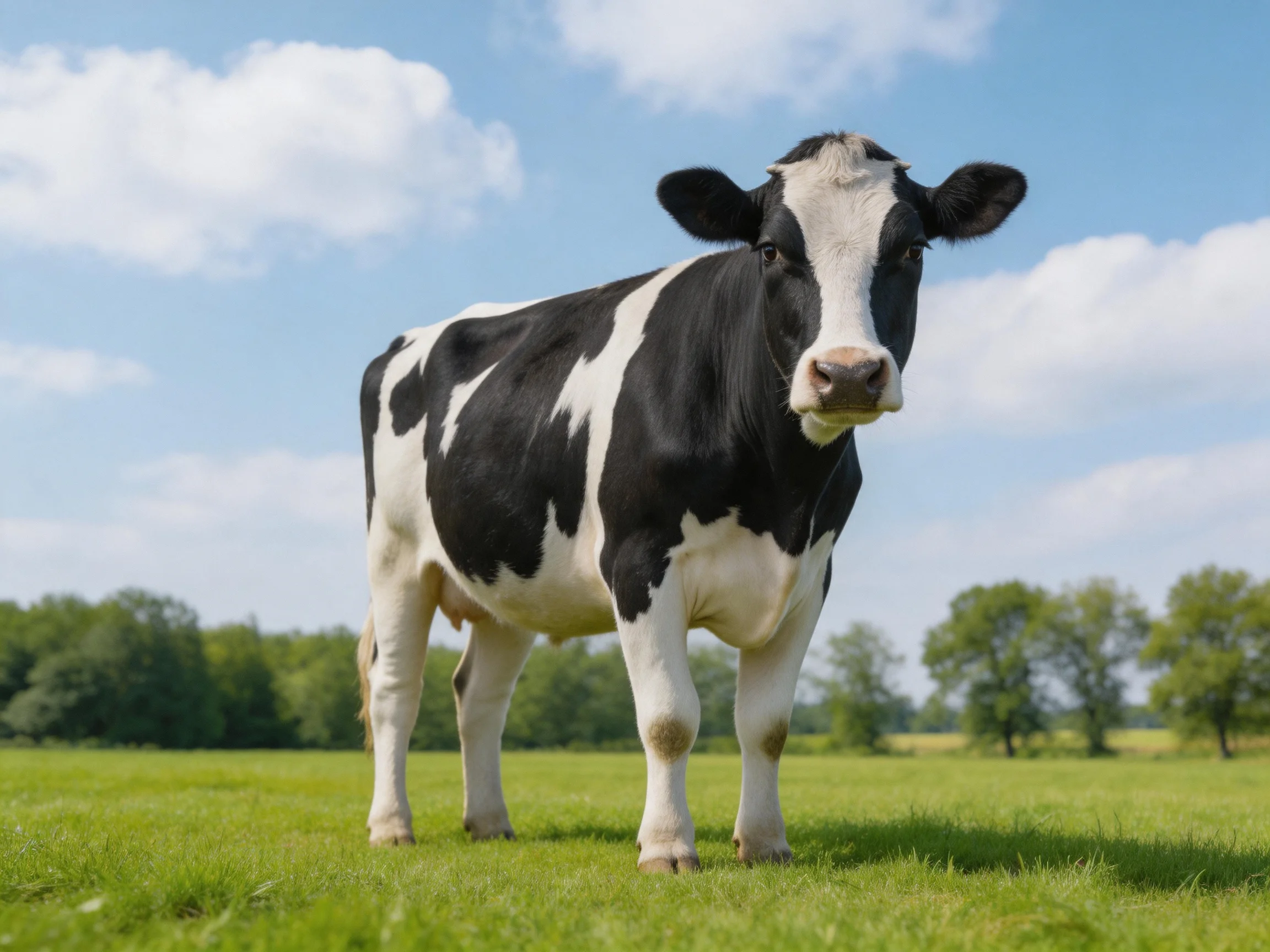 Black and white cow in a sunny green meadow under blue sky