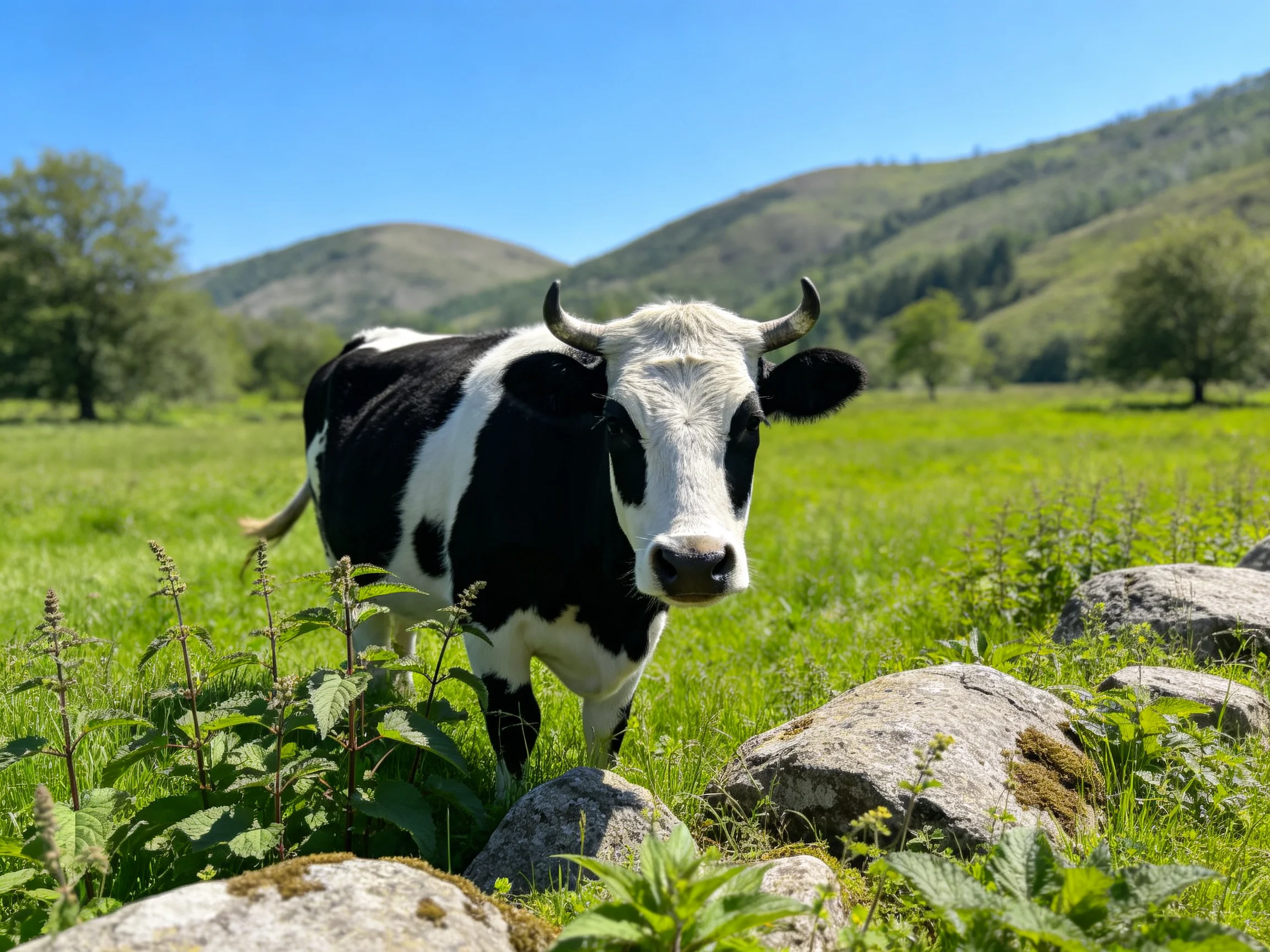 Black-and-white cow in a verdant meadow with rocky outcrops and distant hills