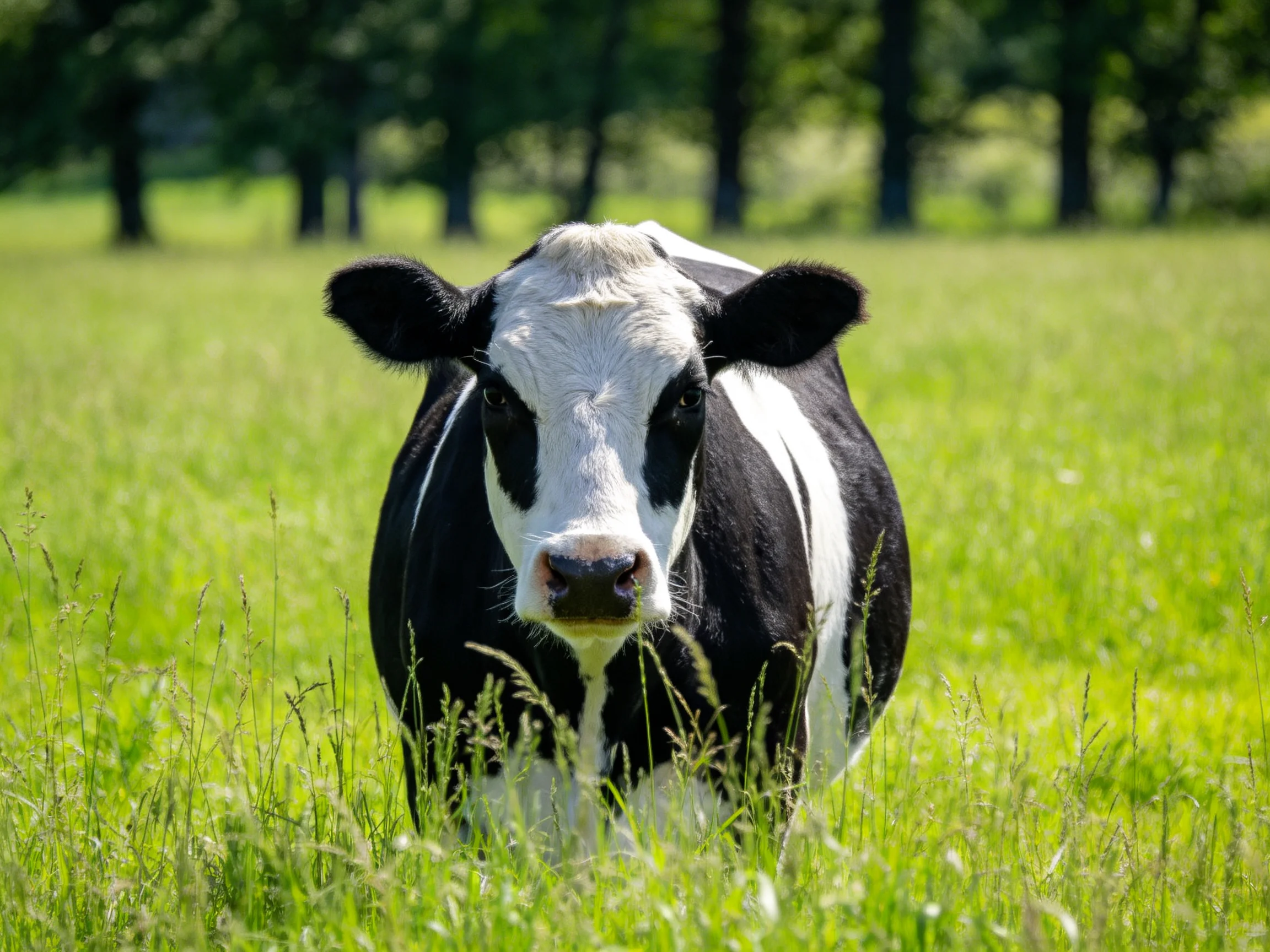 A black and white cow stands in a sunlit green meadow.