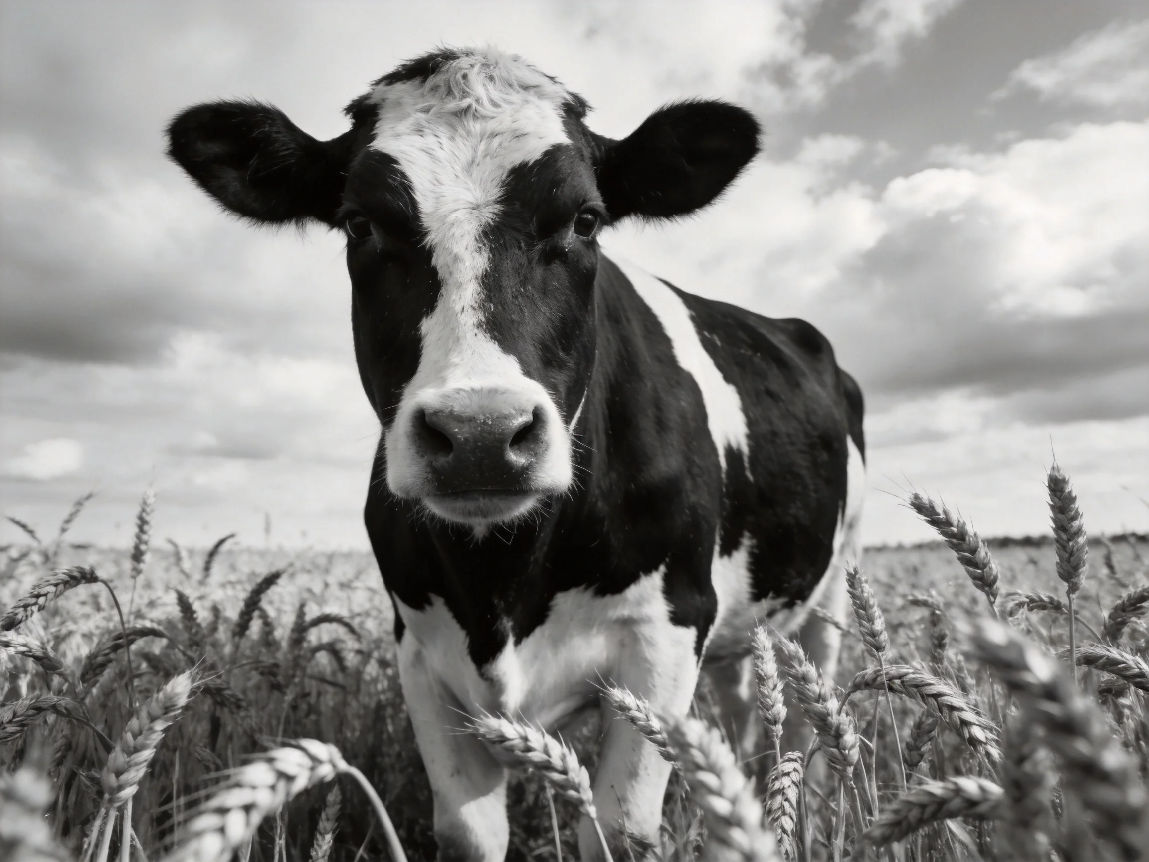 Black and white cow in a wheat field under cloudy sky