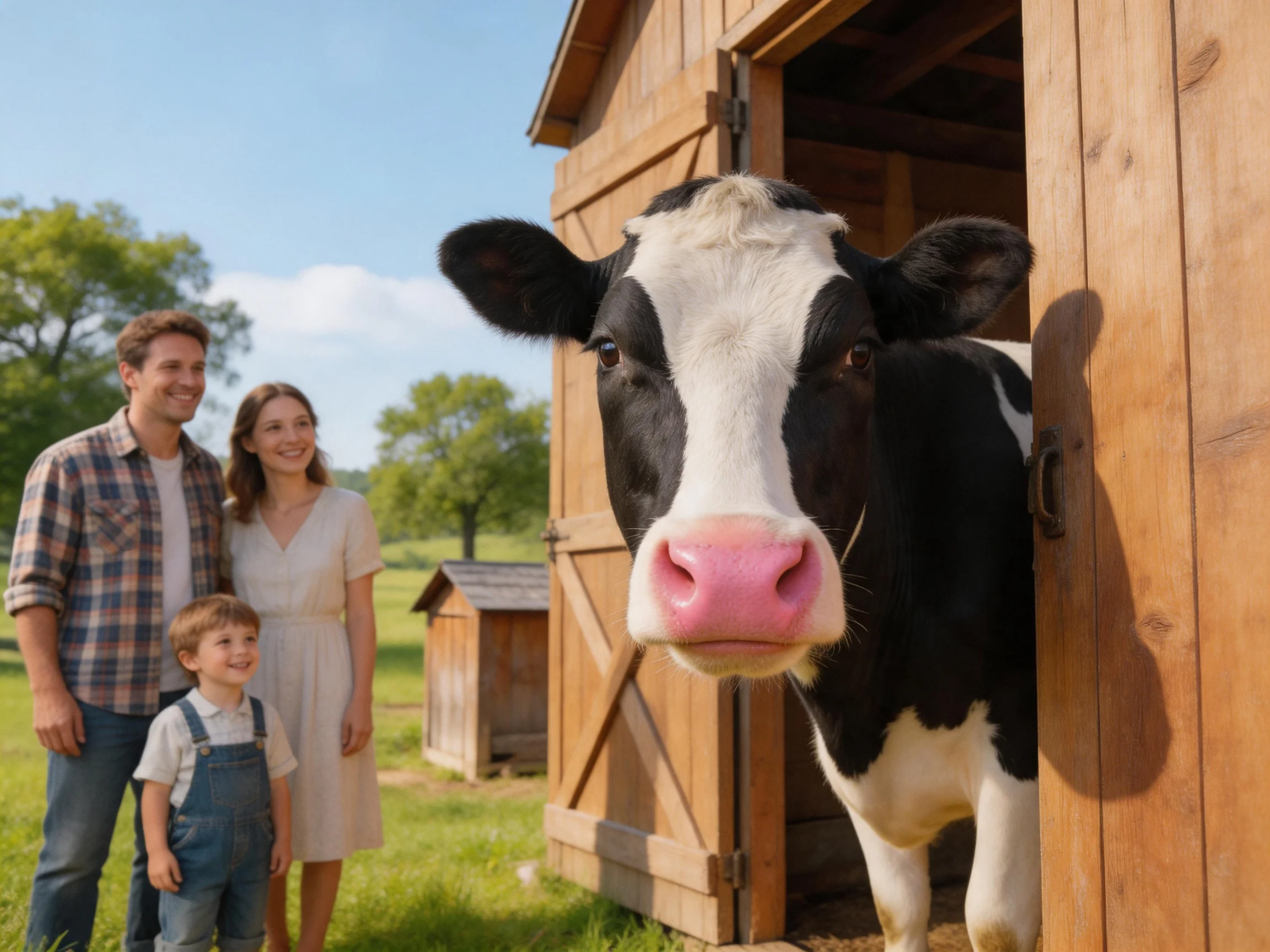 Black-and-white cow near wooden barn with family outdoors