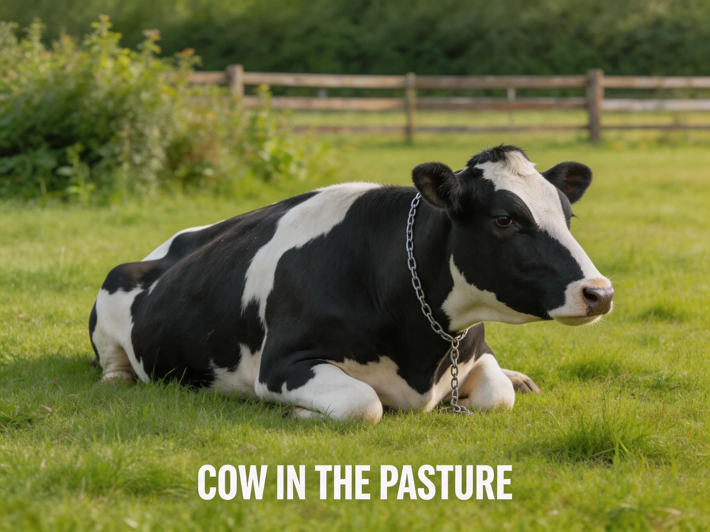Black and white cow resting in a green pasture
