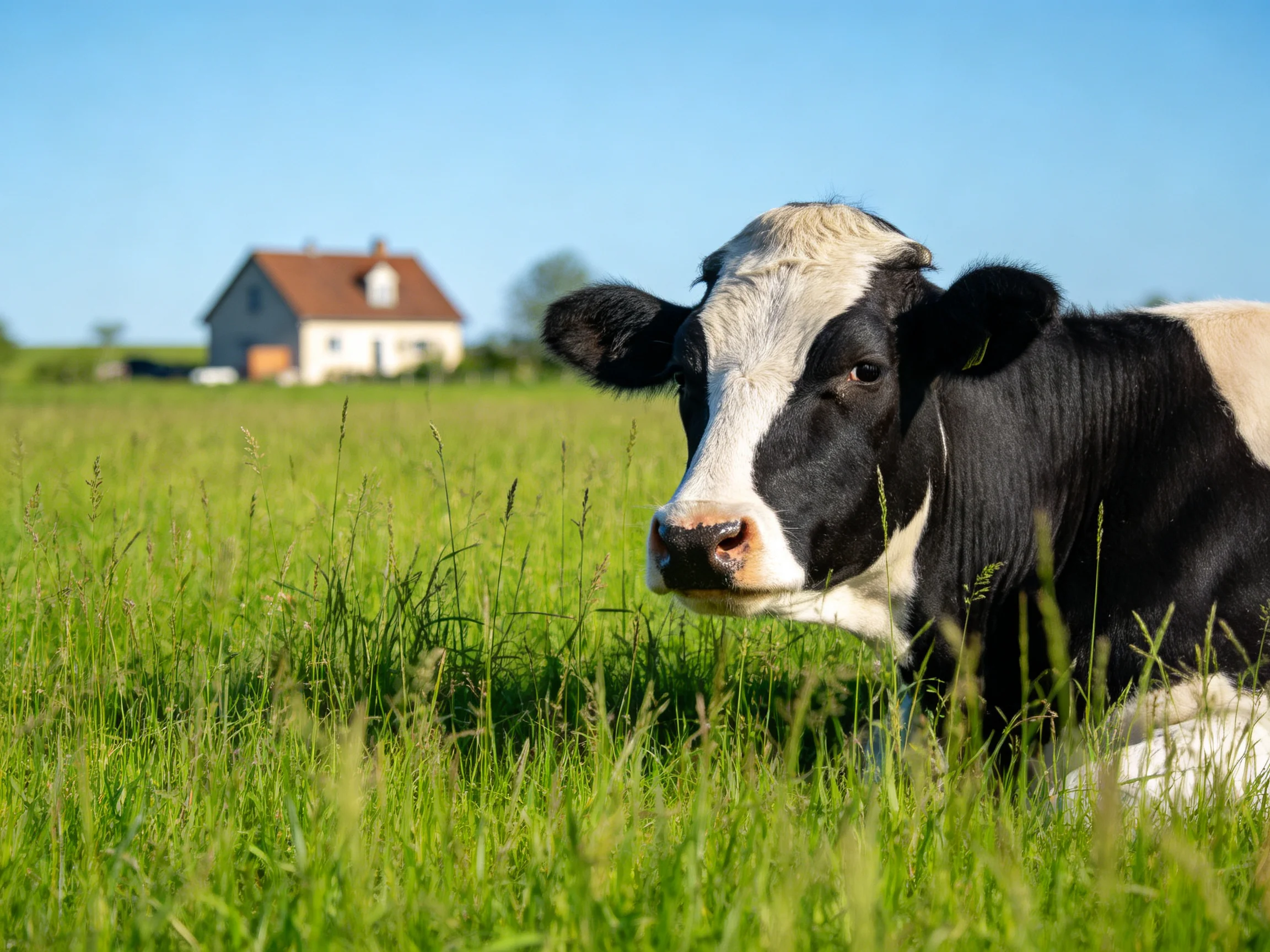 A black-and-white cow relaxes in tall green grass with a farmhouse in the background.