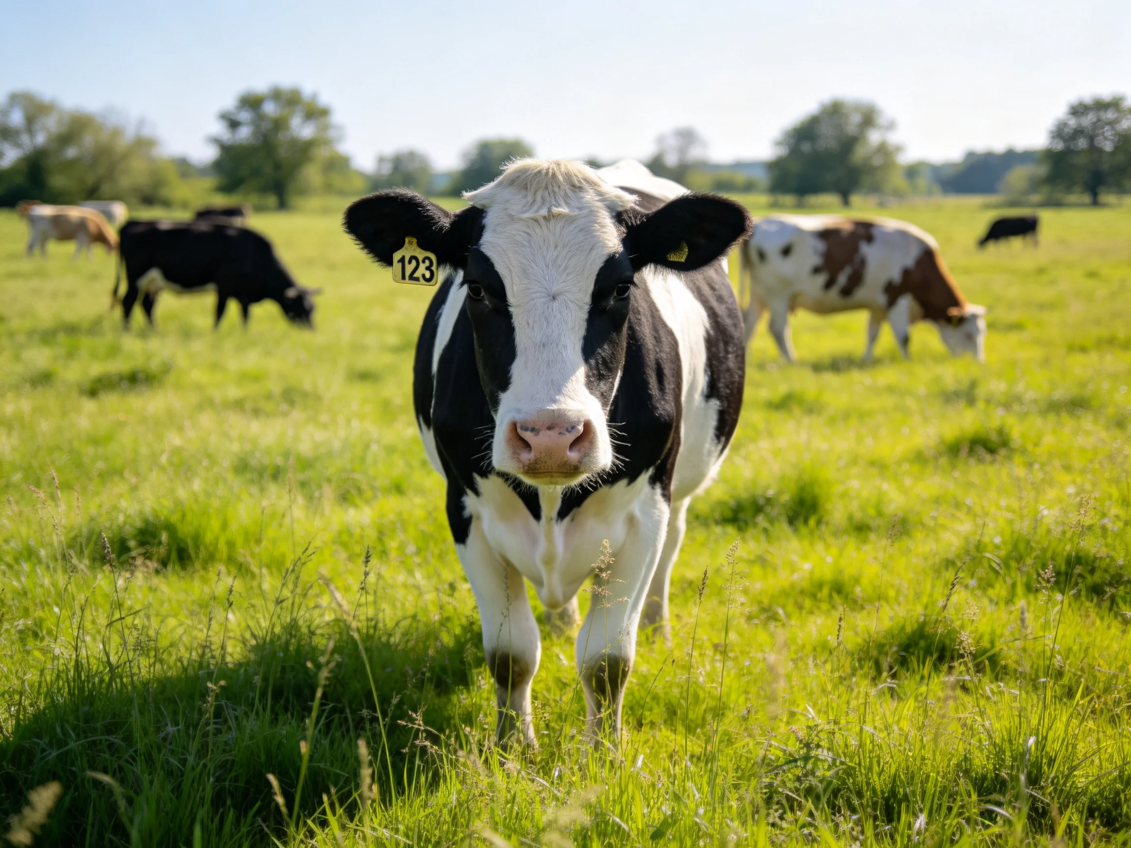 Black and white cow up close in a sunny green pasture with other cattle