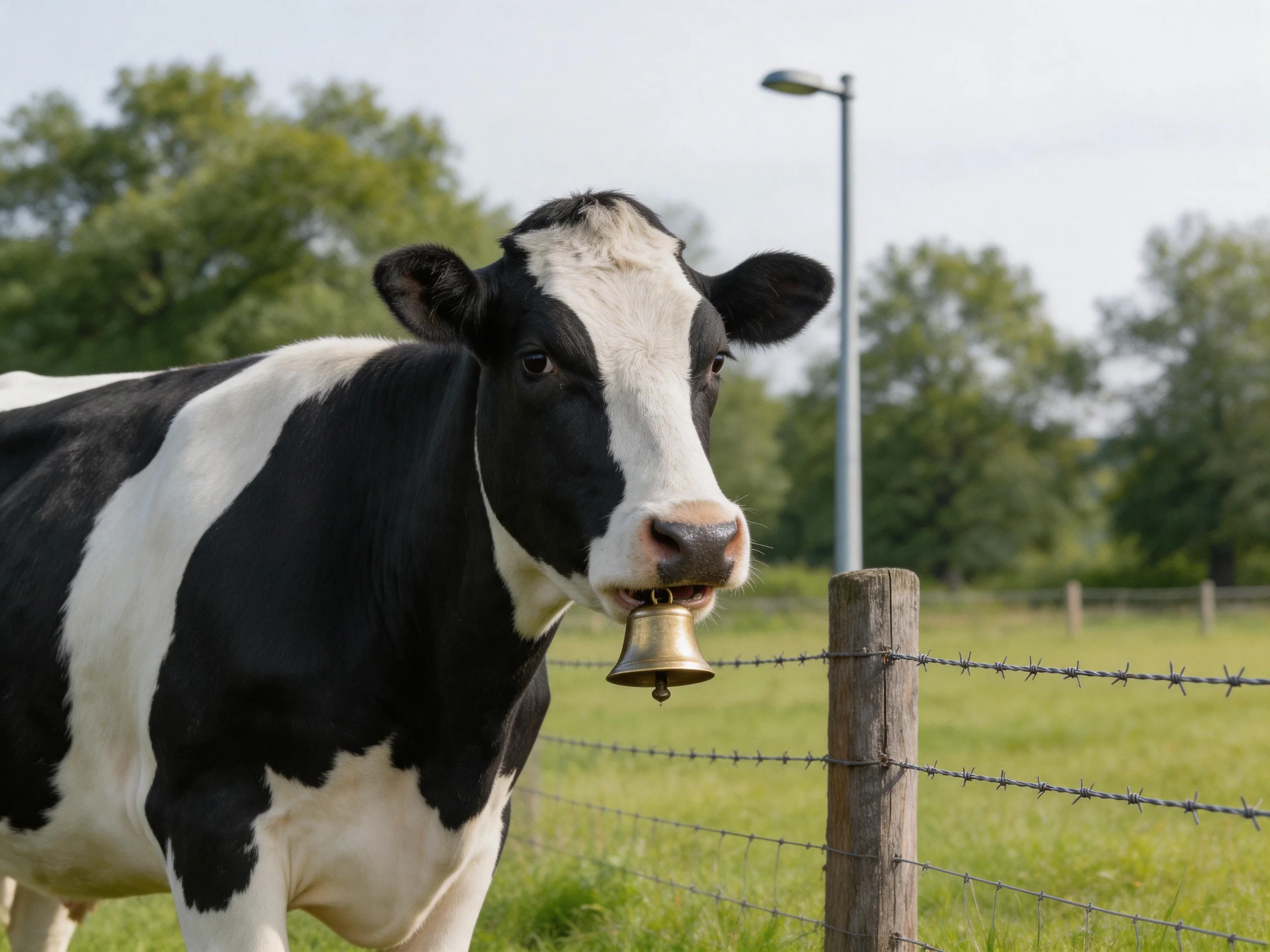 A black and white cow stands beside barbed wire fencing outdoors.