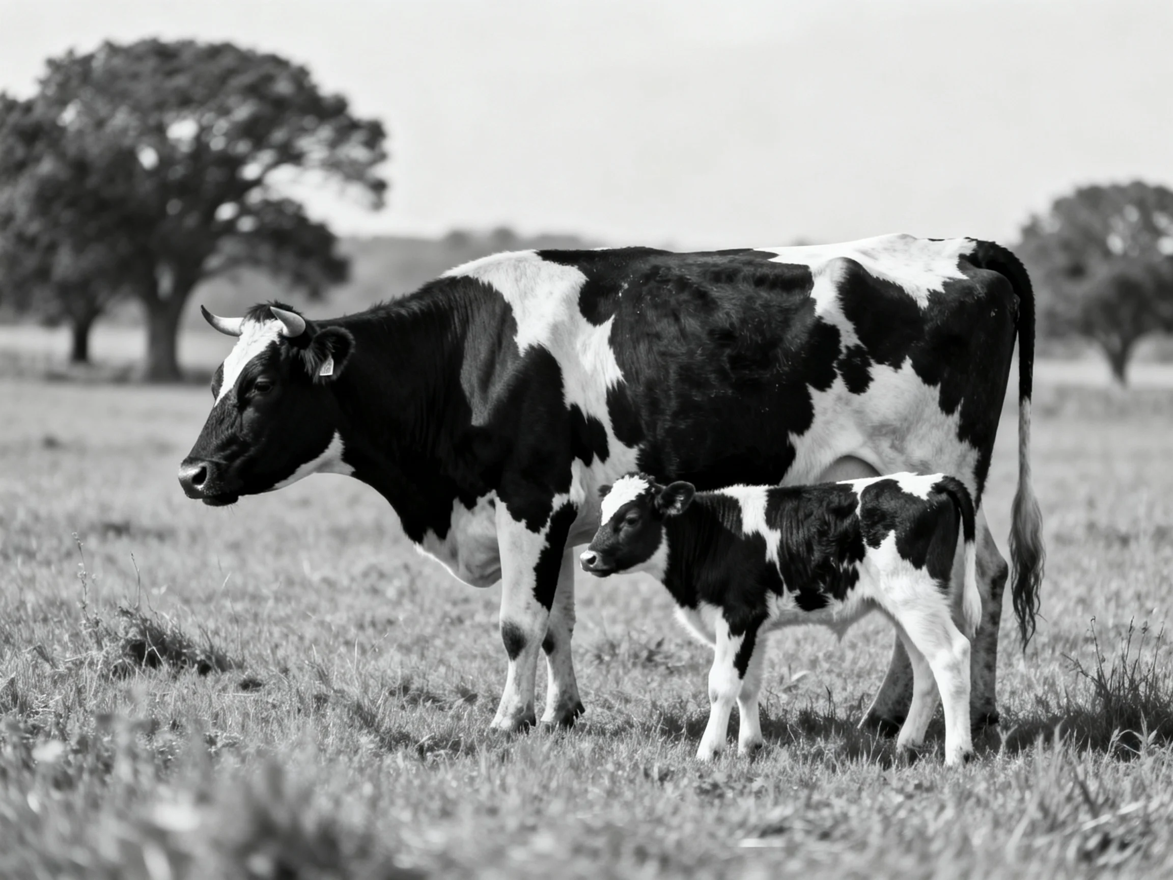 Black and white cow with calf in open grassy field