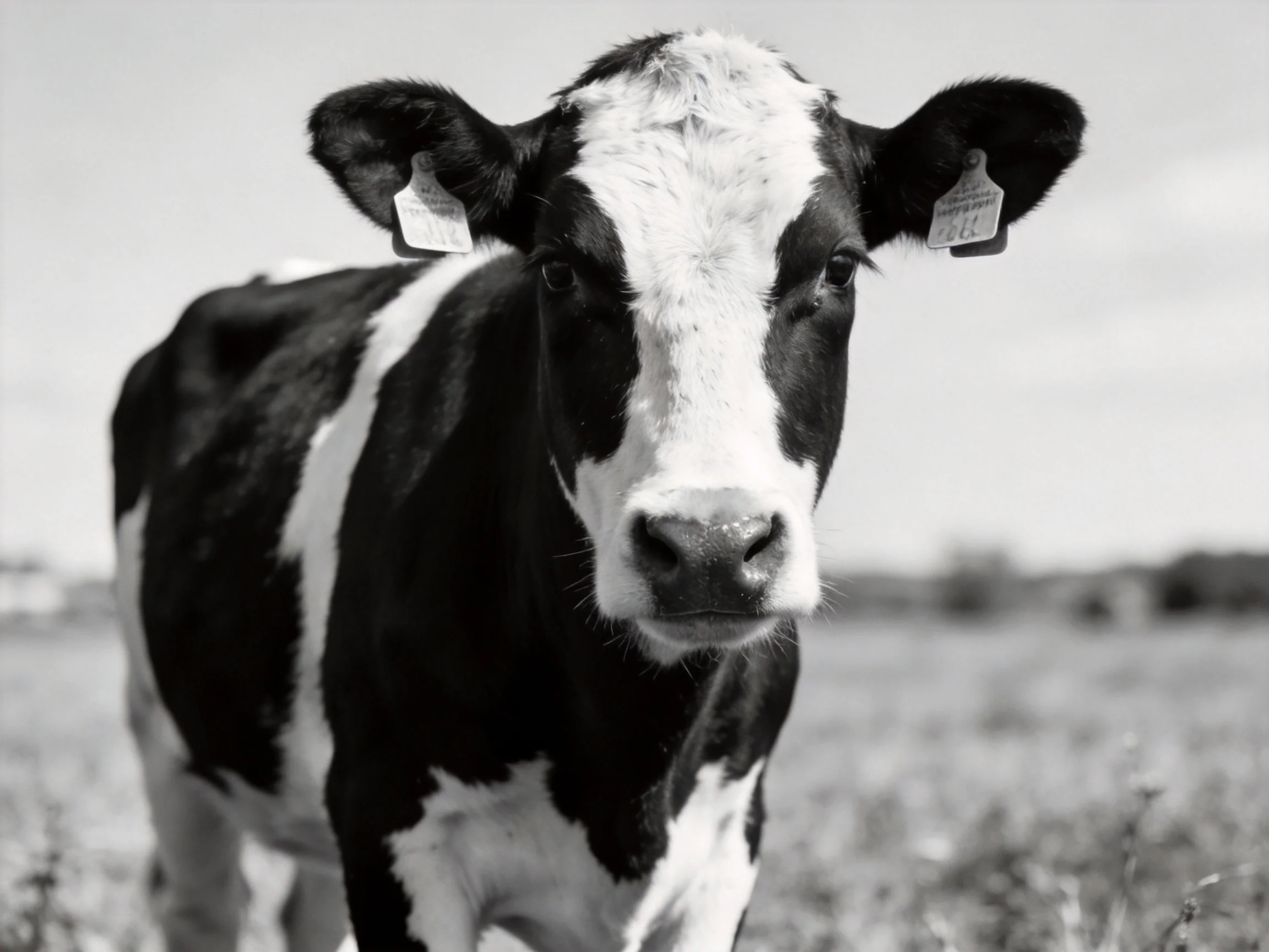 Black and white cow with ear tags in a field