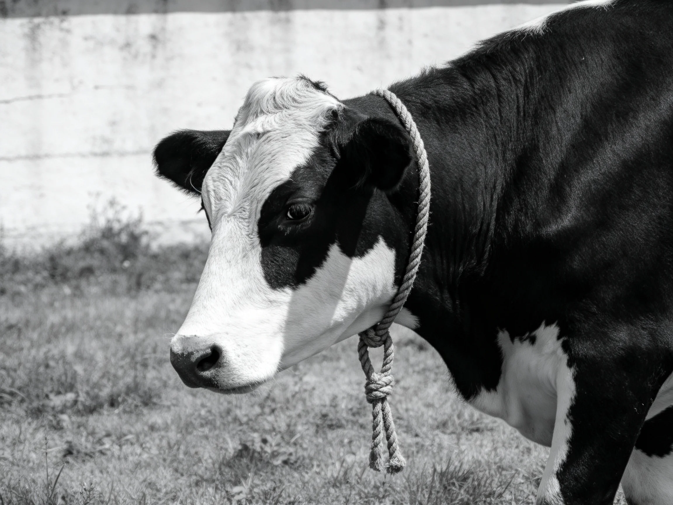 Black and white cow with rope halter near concrete wall