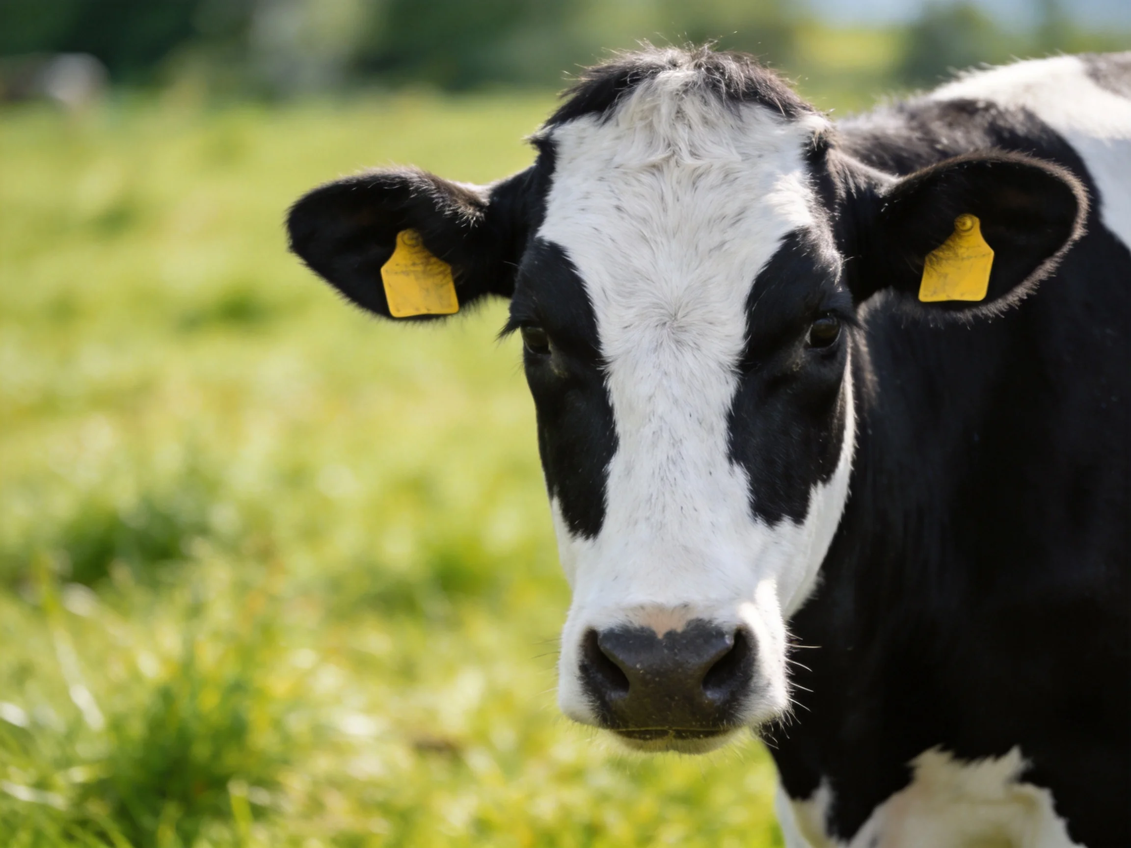 A black and white cow with yellow ear tags stands in a sunlit green pasture.