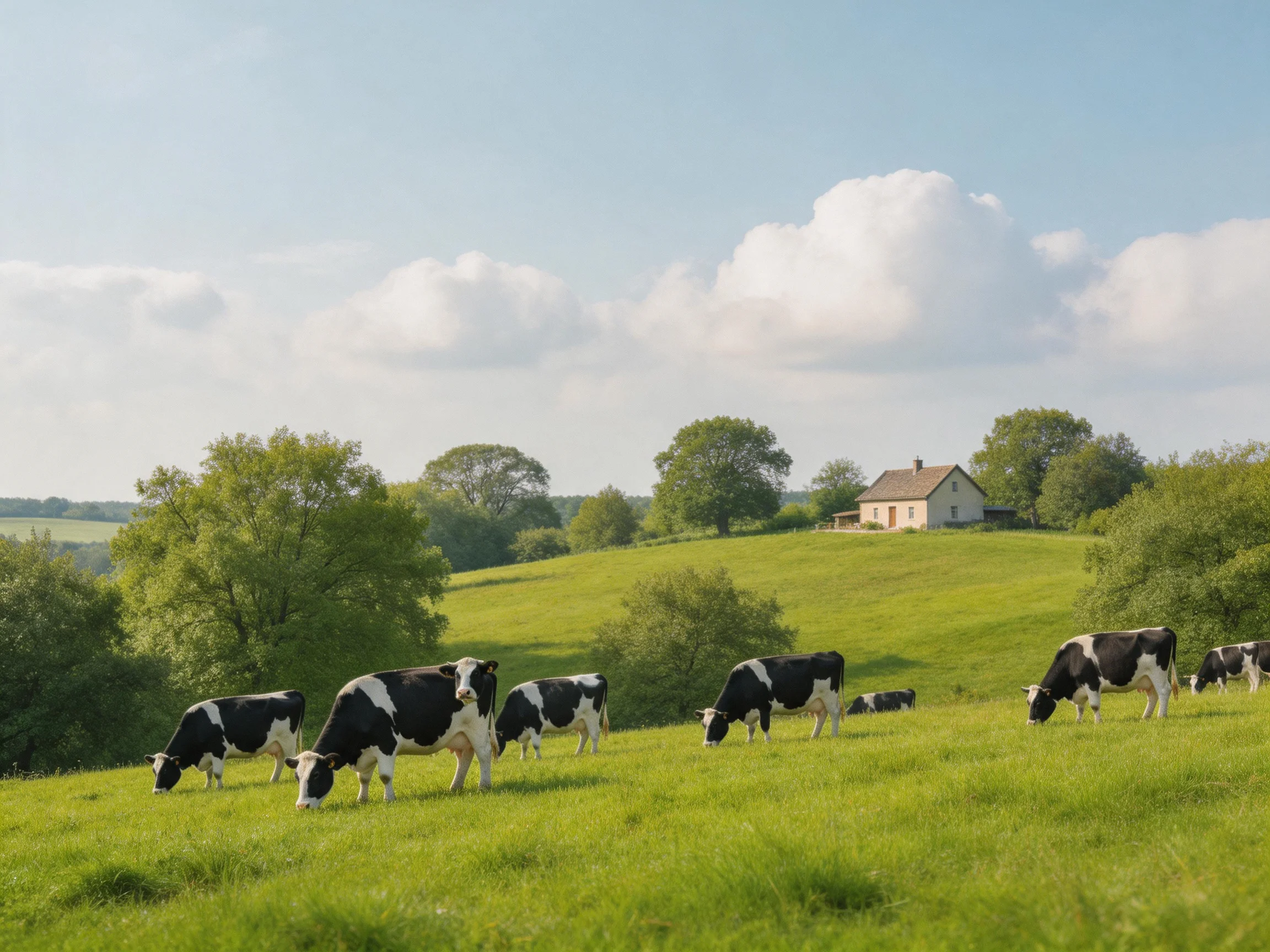 Black-and-white cows graze in a lush green pasture near a hilltop house