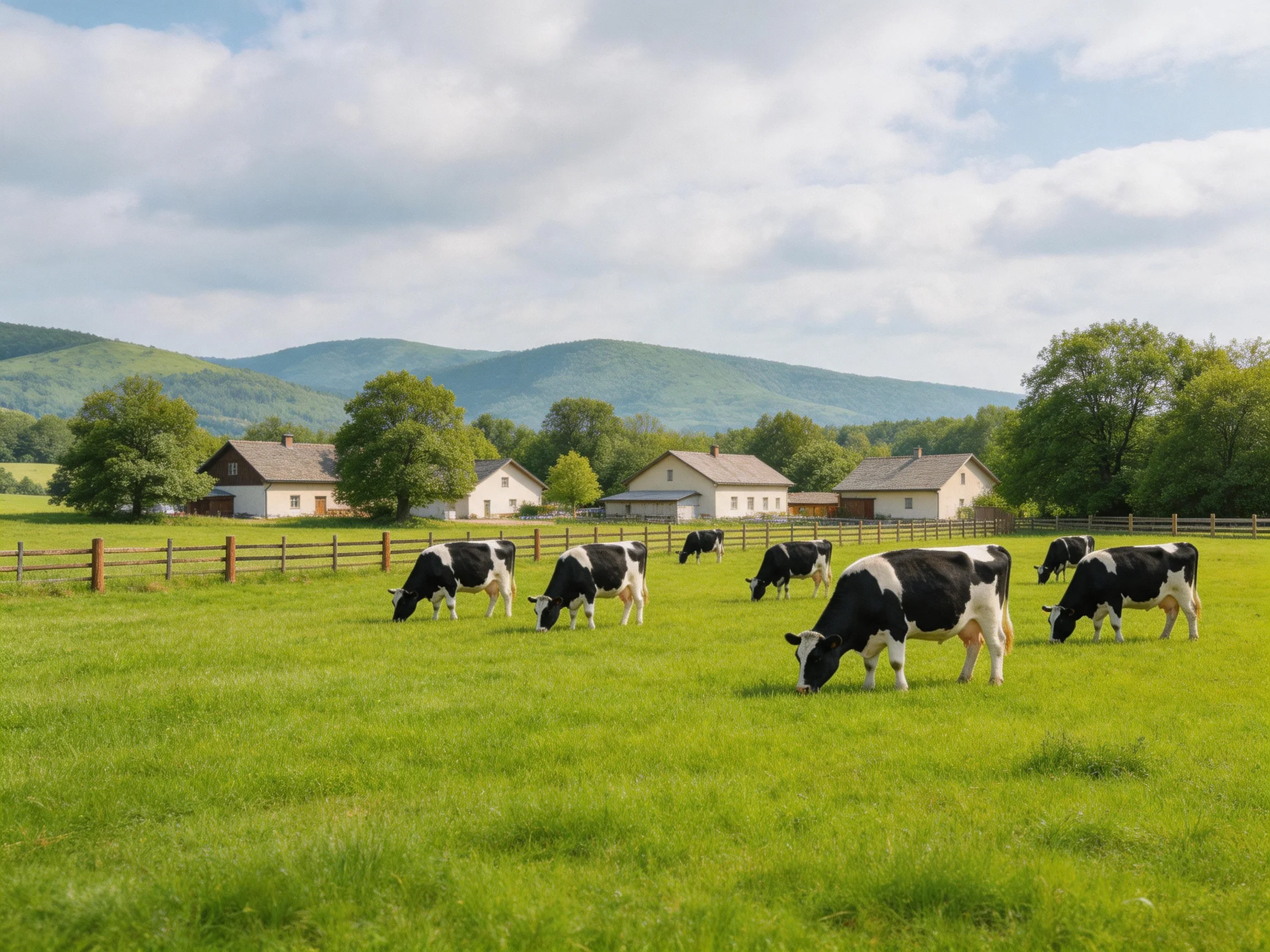Black-and-white cows graze in a lush green pasture near farmhouses