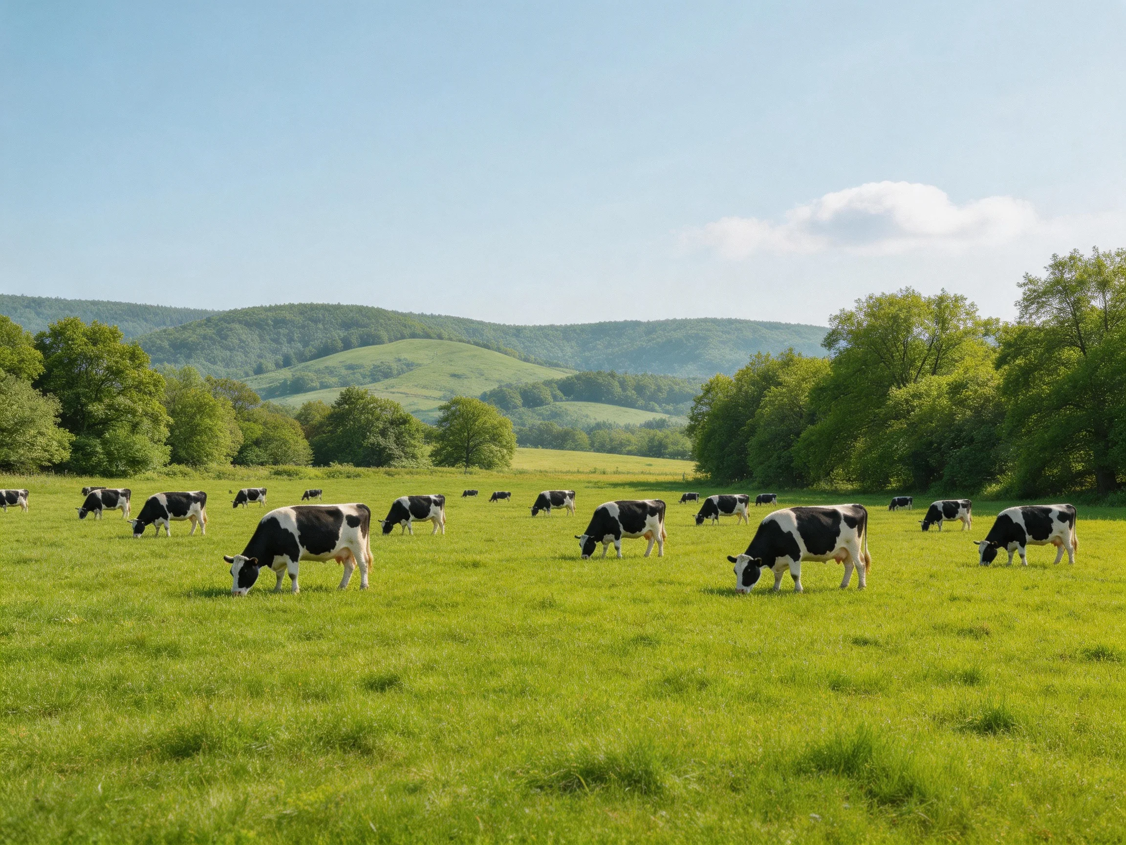Black and white cows graze in a lush green pasture near rolling hills