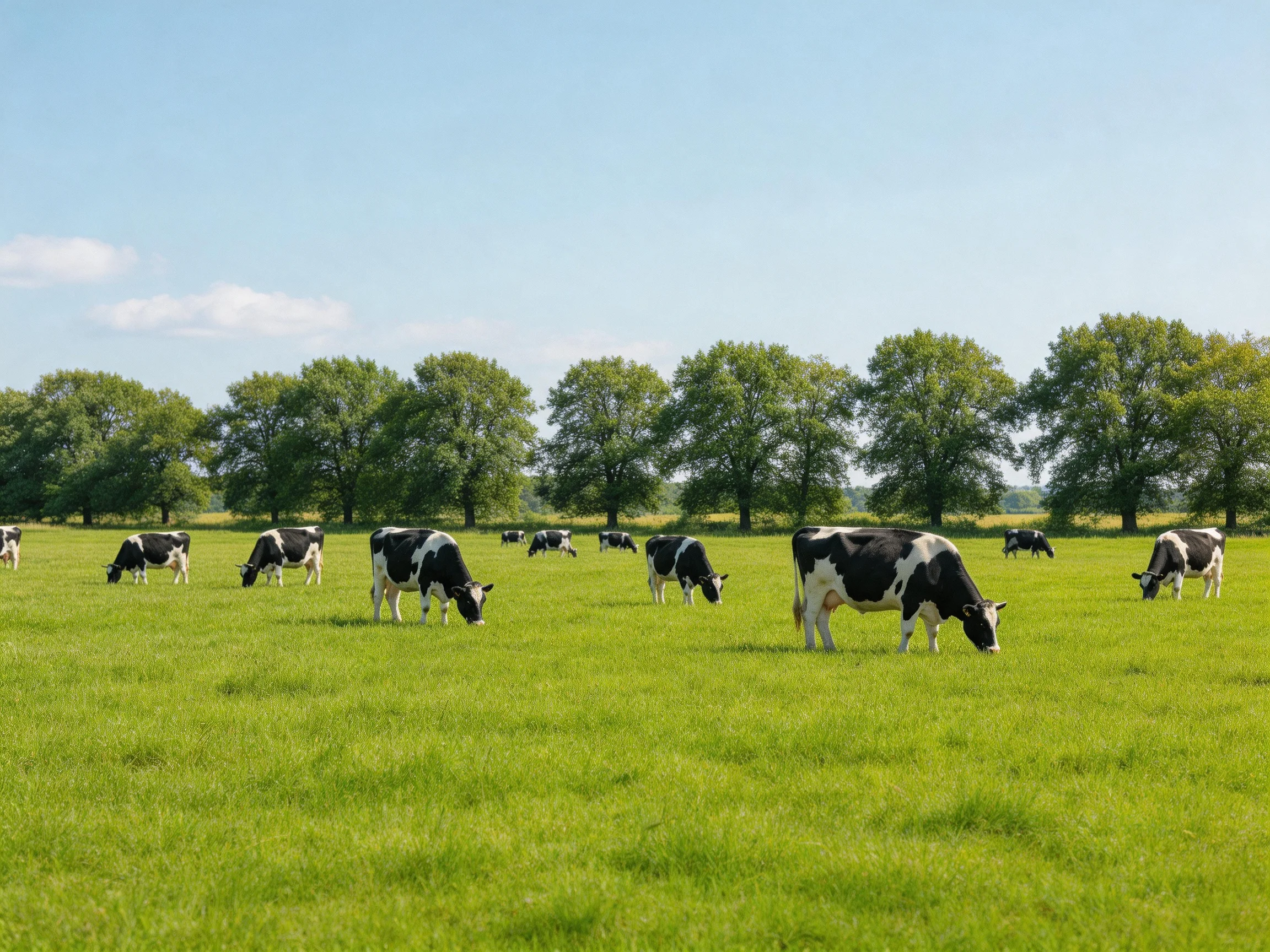 Black-and-white cows graze in a lush green pasture near tall trees
