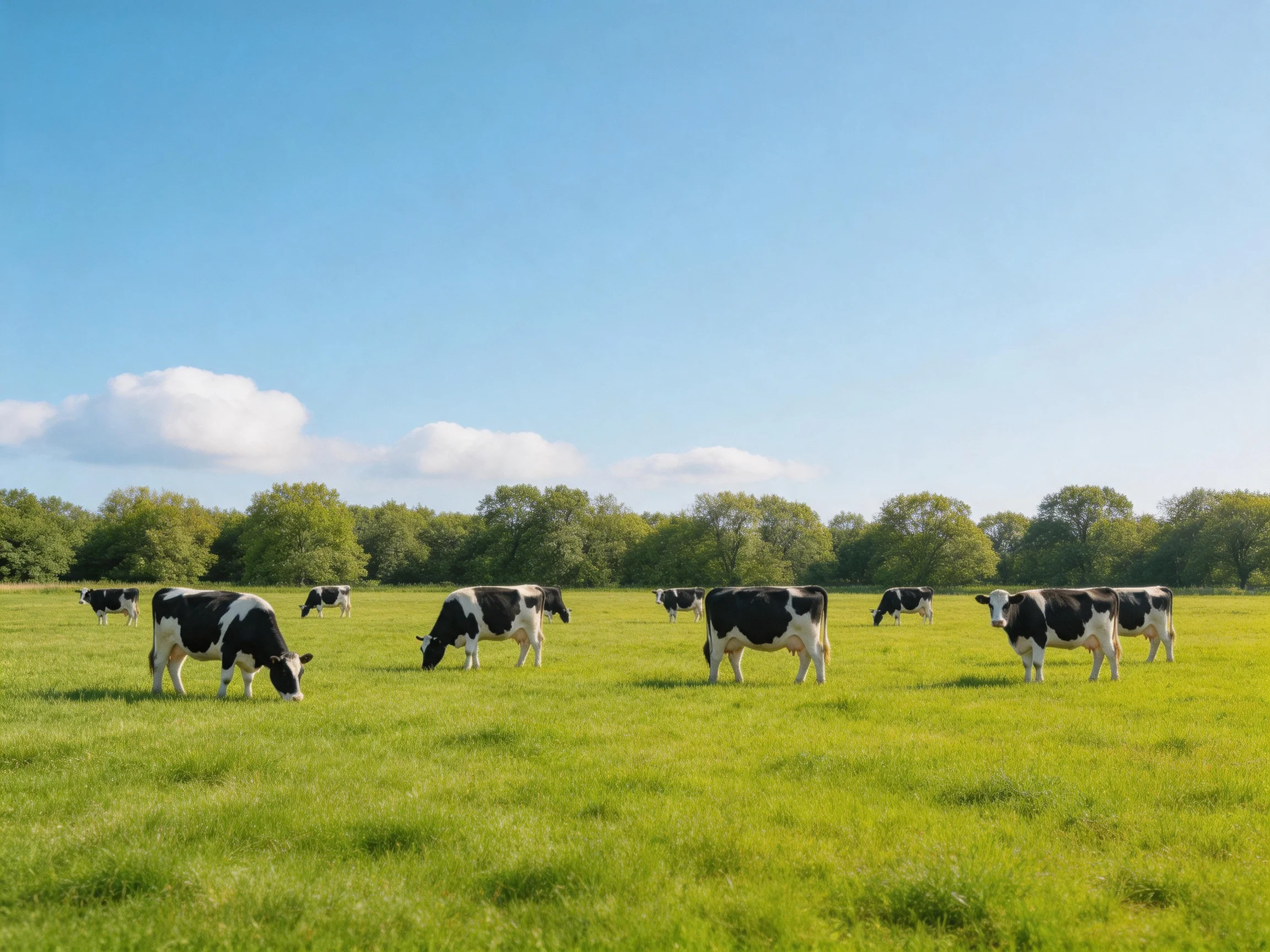 Black and white cows graze in a lush green pasture under a clear blue sky