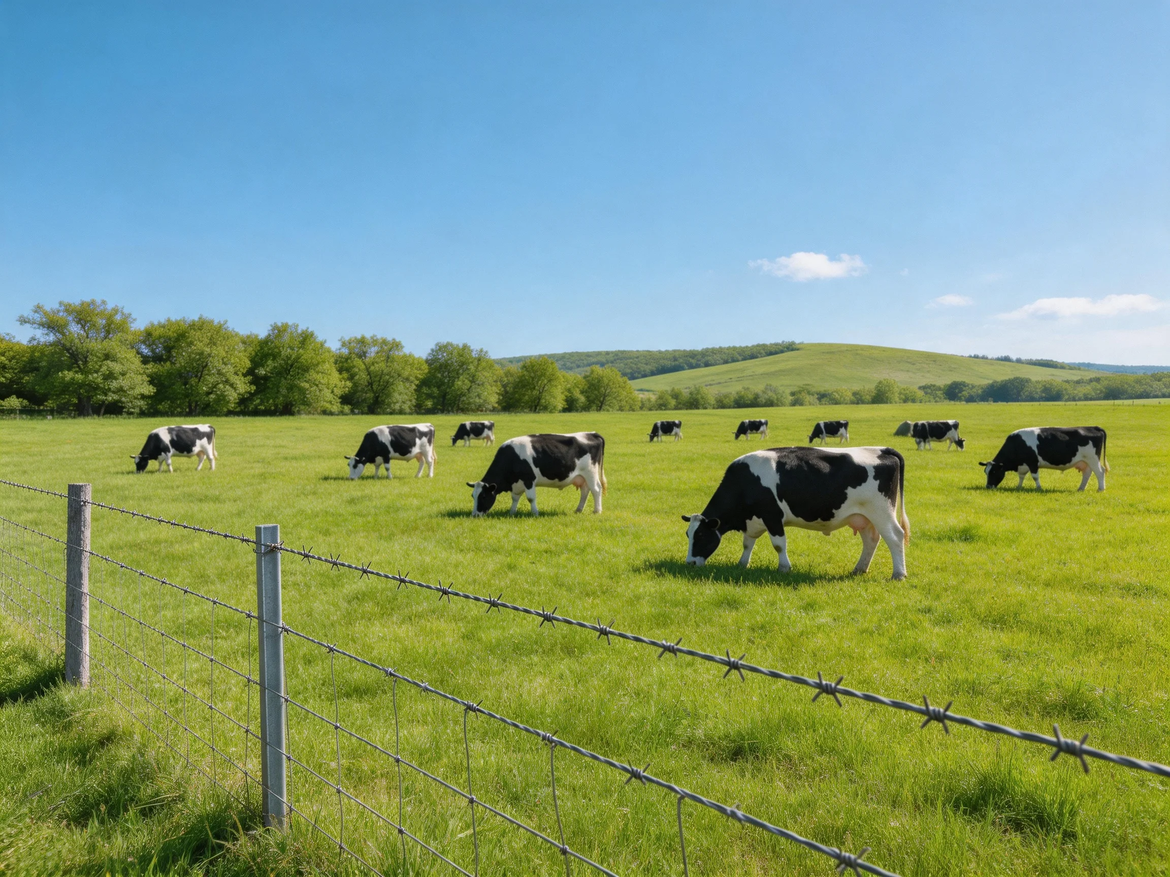 Black and white cows graze in a lush green pasture with barbed wire fencing.