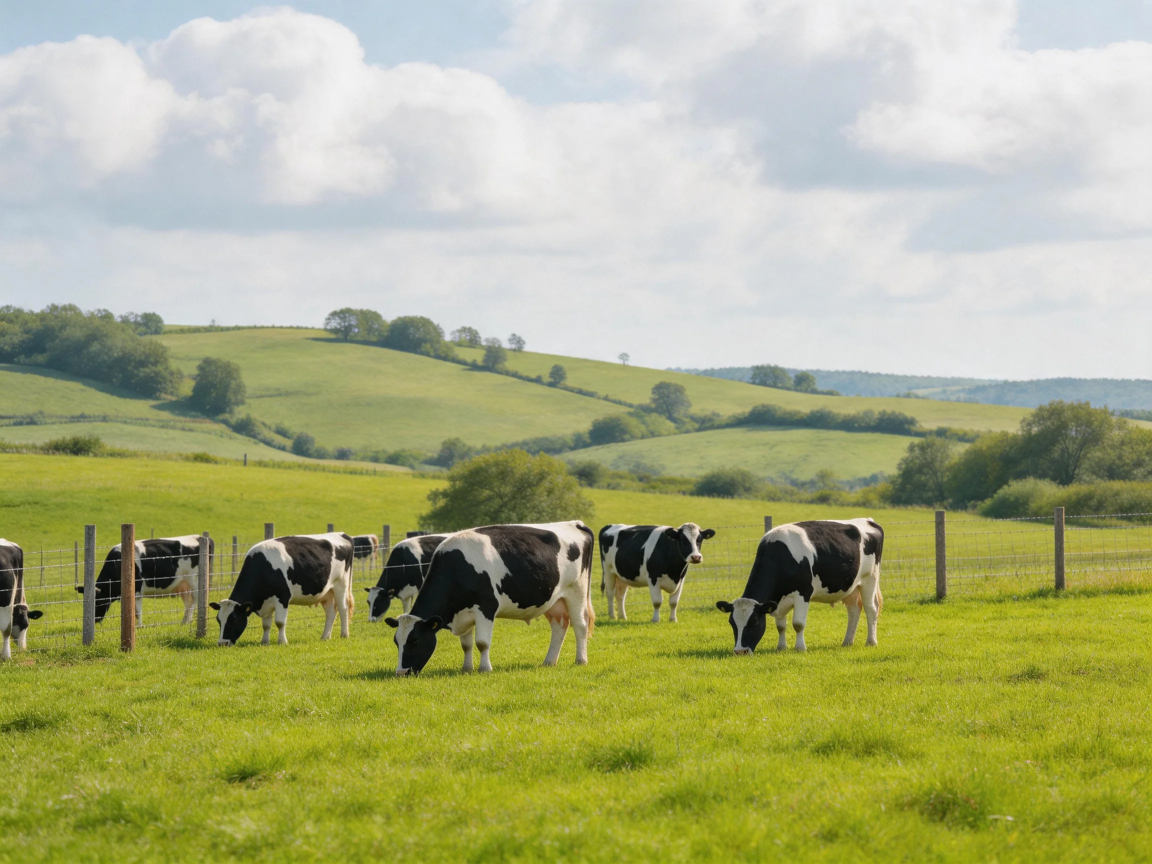Black-and-white cows graze in a lush green pasture with rolling hills