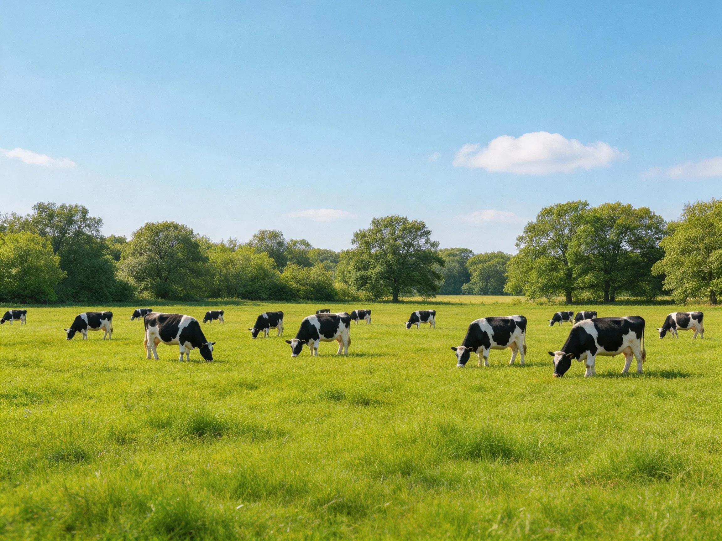 Black and white cows graze in a lush green pasture with tall trees