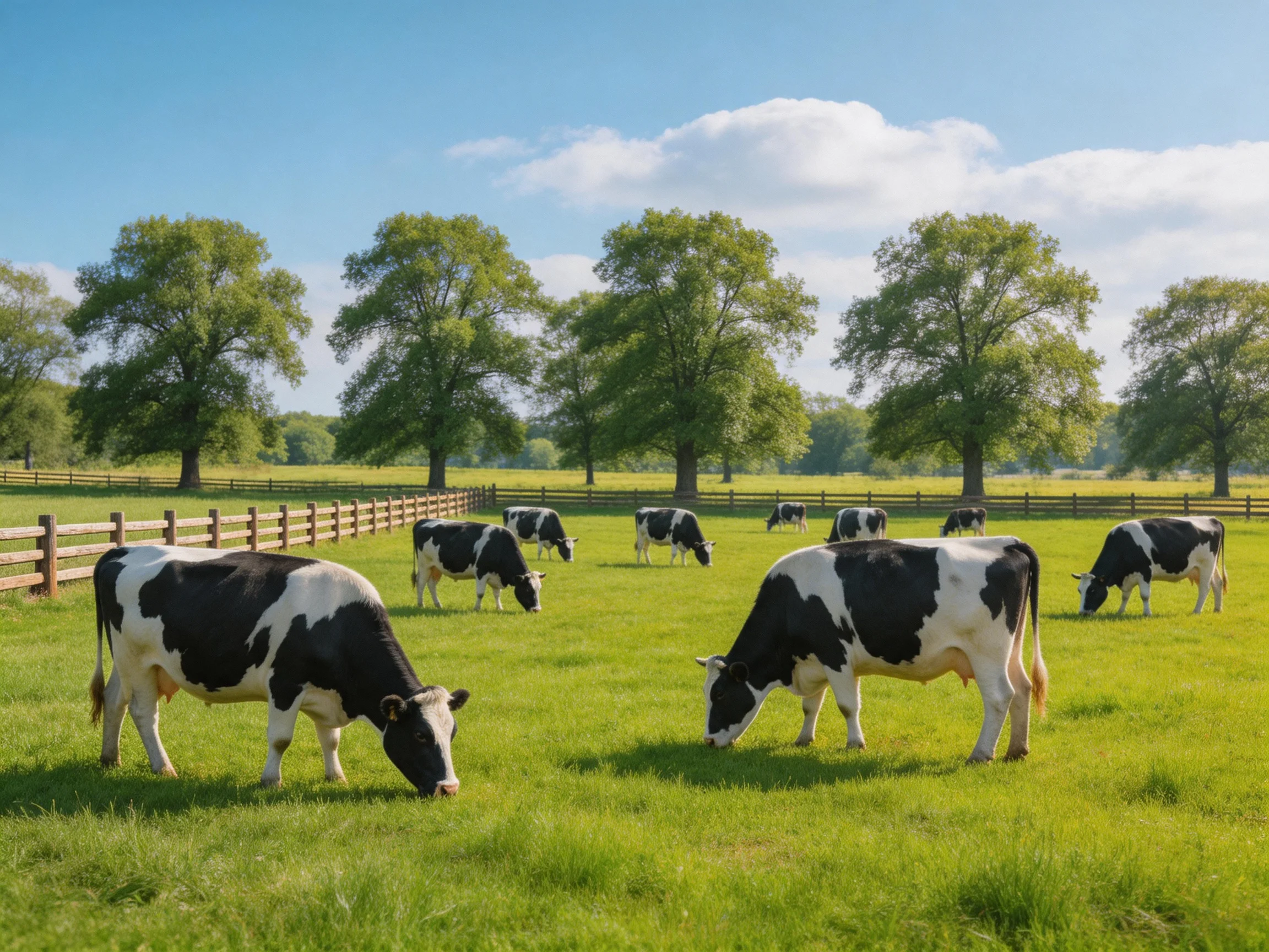 Black-and-white cows graze in a sunlit green pasture with tall trees