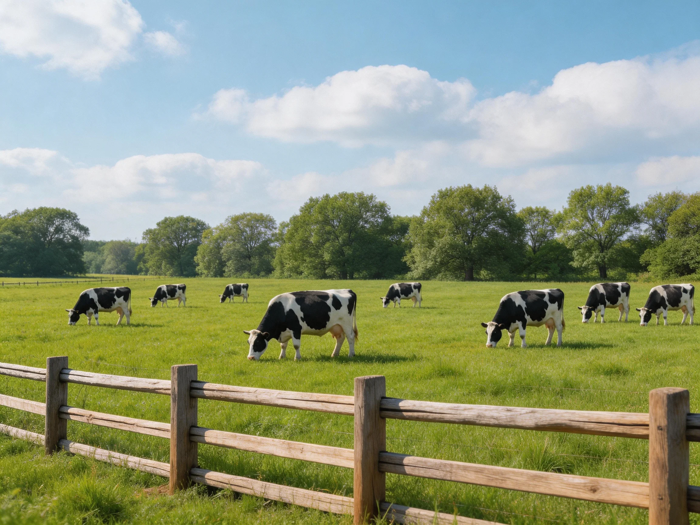 Black - and - white cows graze in a sunny green pasture near wooden fencing