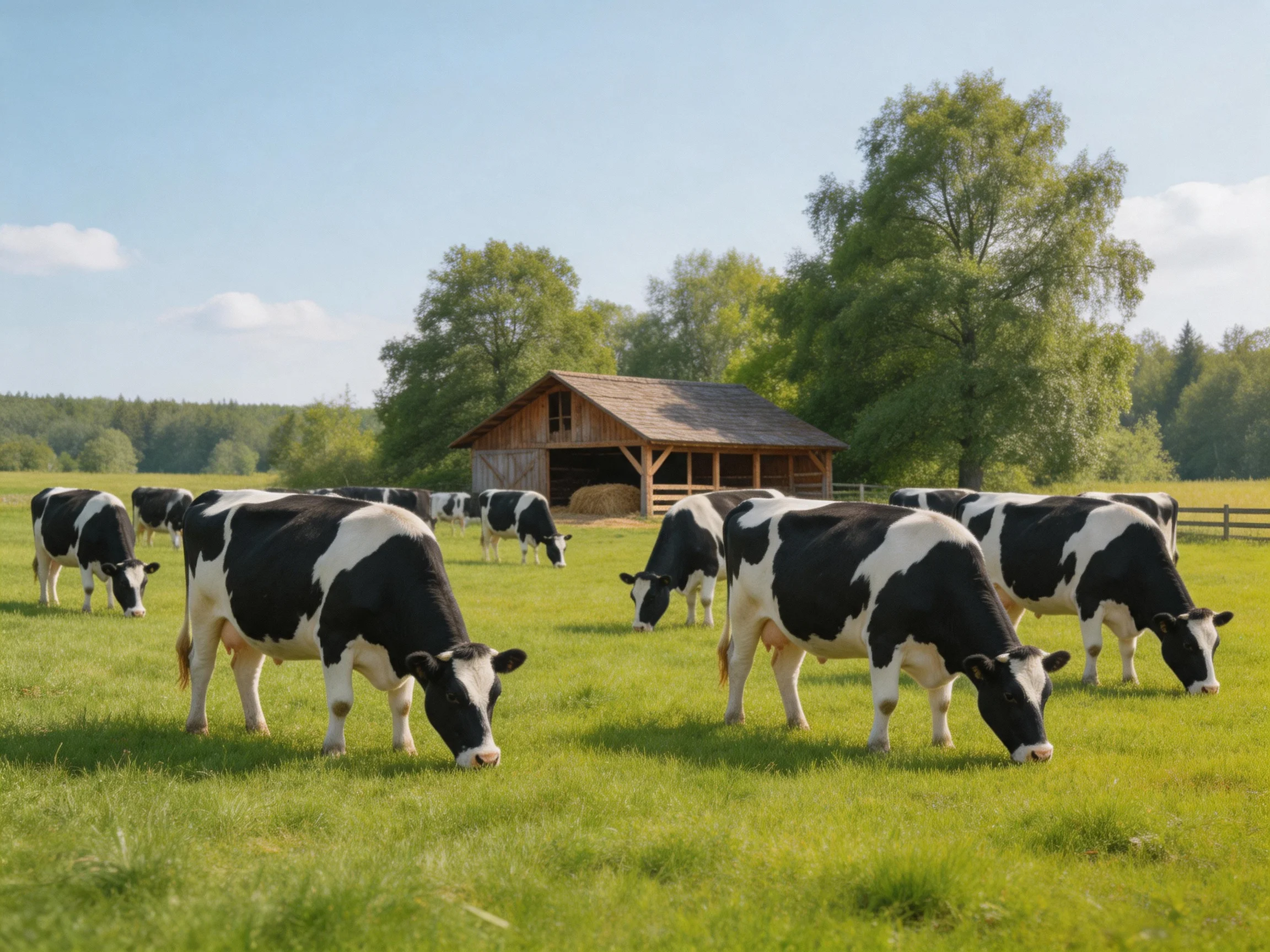 Black-and-white cows graze in a sunny green pasture with a wooden barn