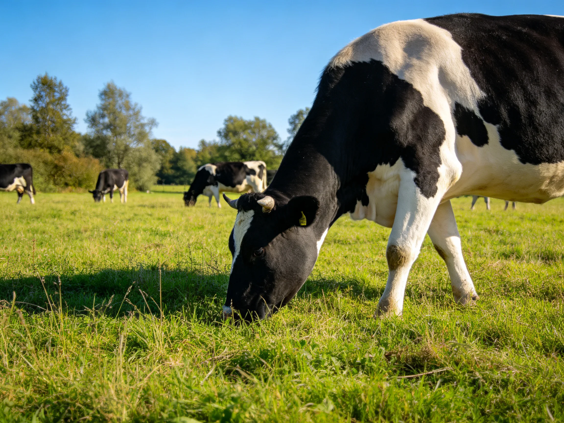 Black and white cows graze in a sunny green pasture with trees