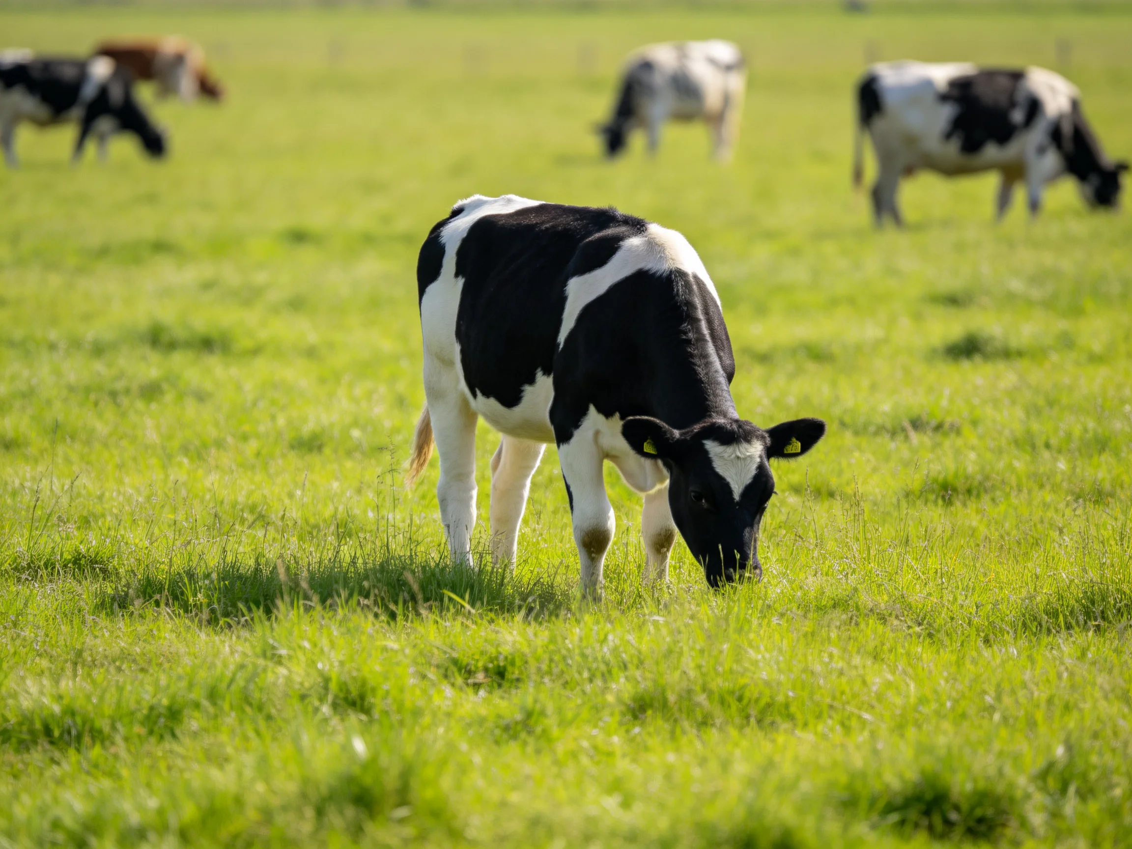 Black and white cows graze in a vast green pasture