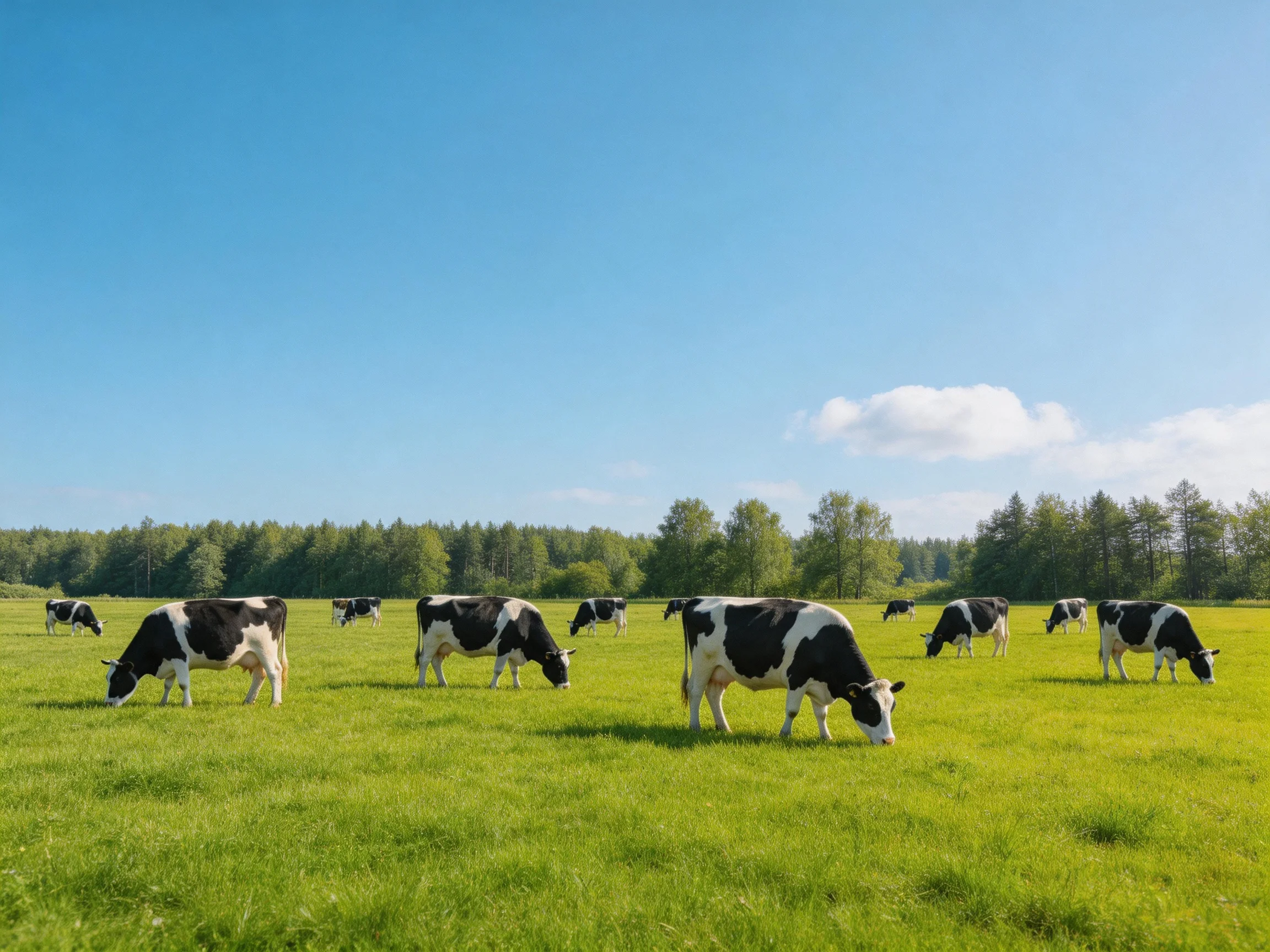 Black and white cows graze in a vibrant green meadow under clear blue sky