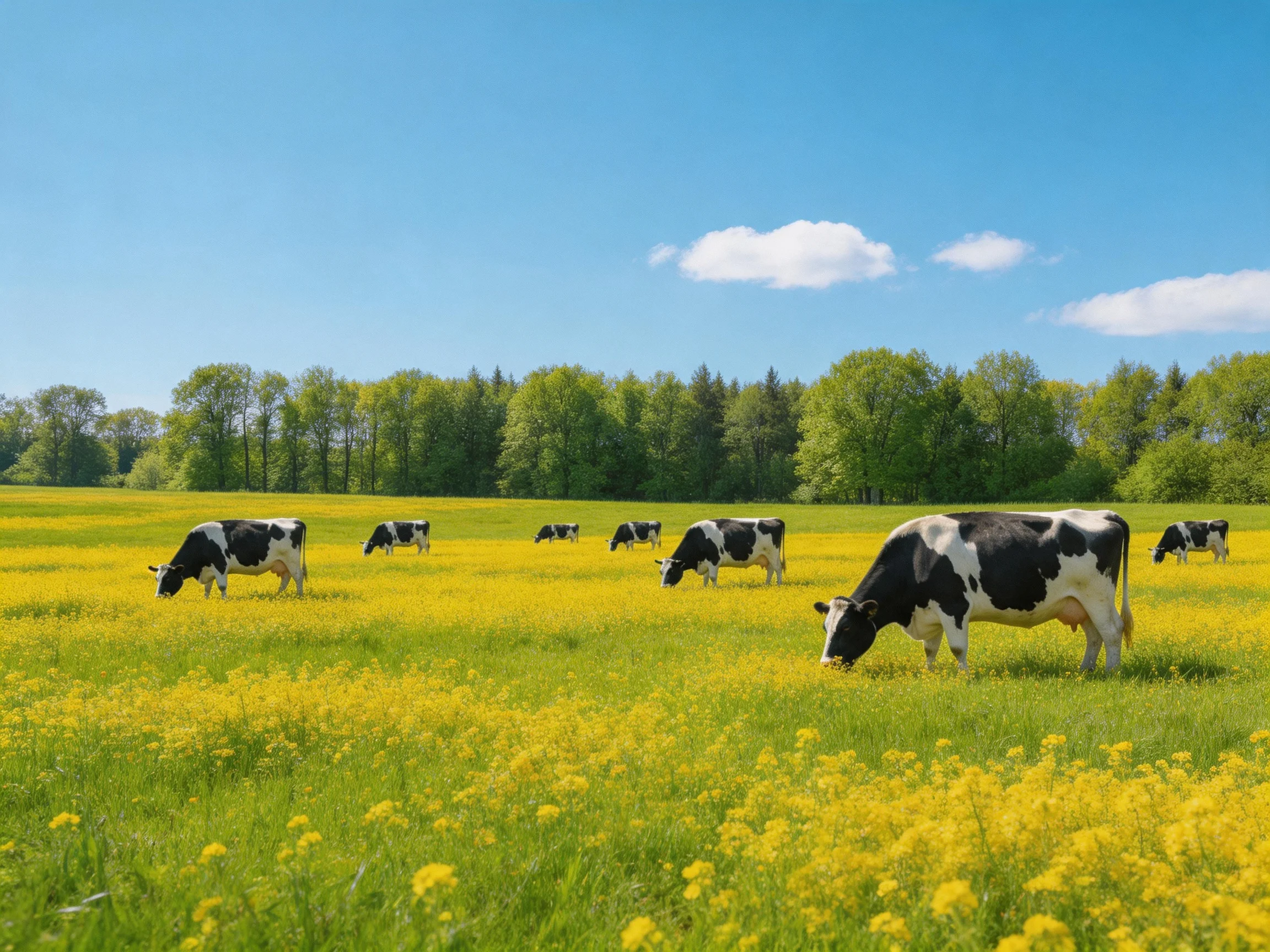 Black-and-white cows graze in a vibrant yellow flower field under clear blue skies