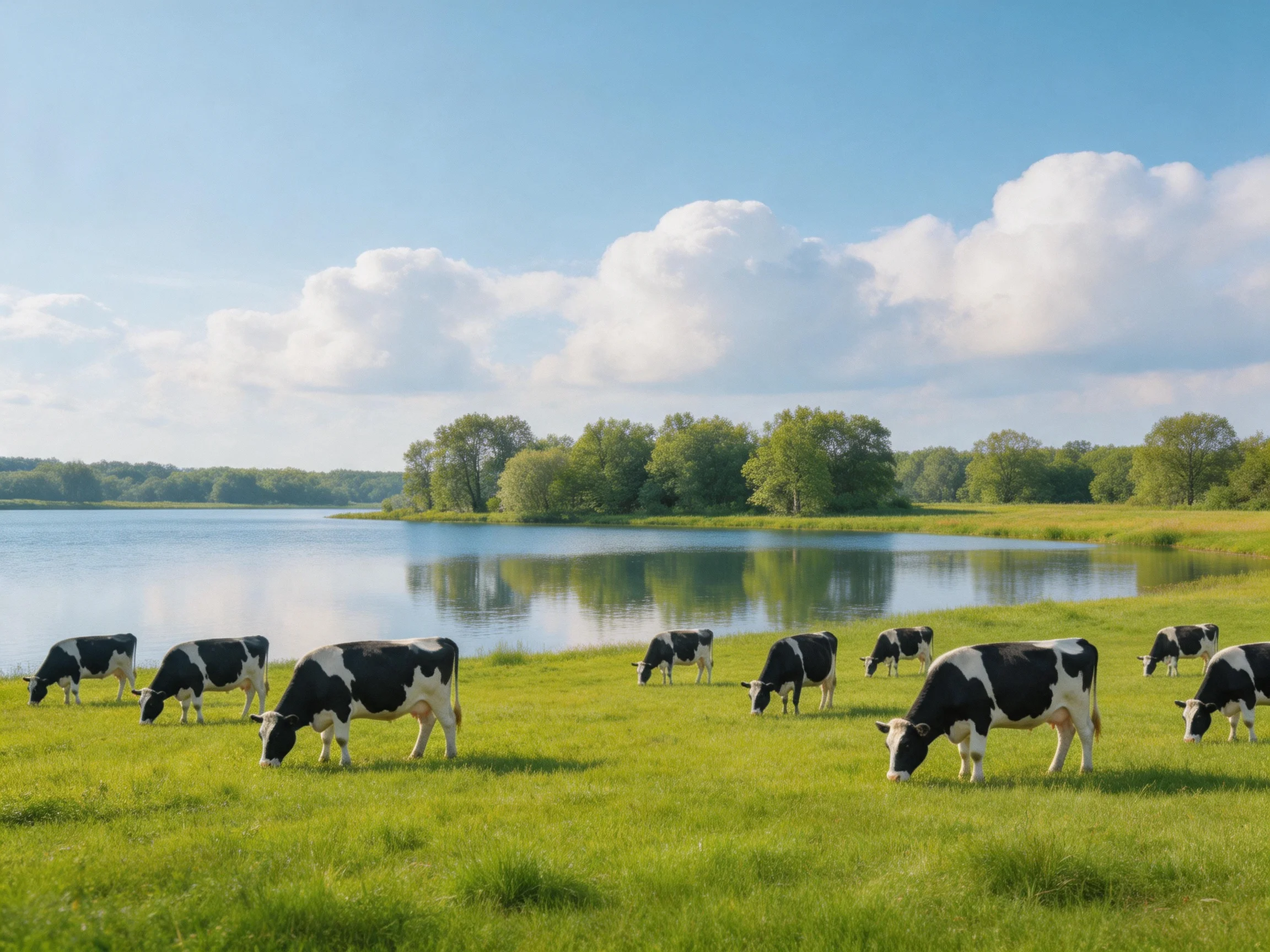 Black-and-white cows graze near a calm lake with lush greenery