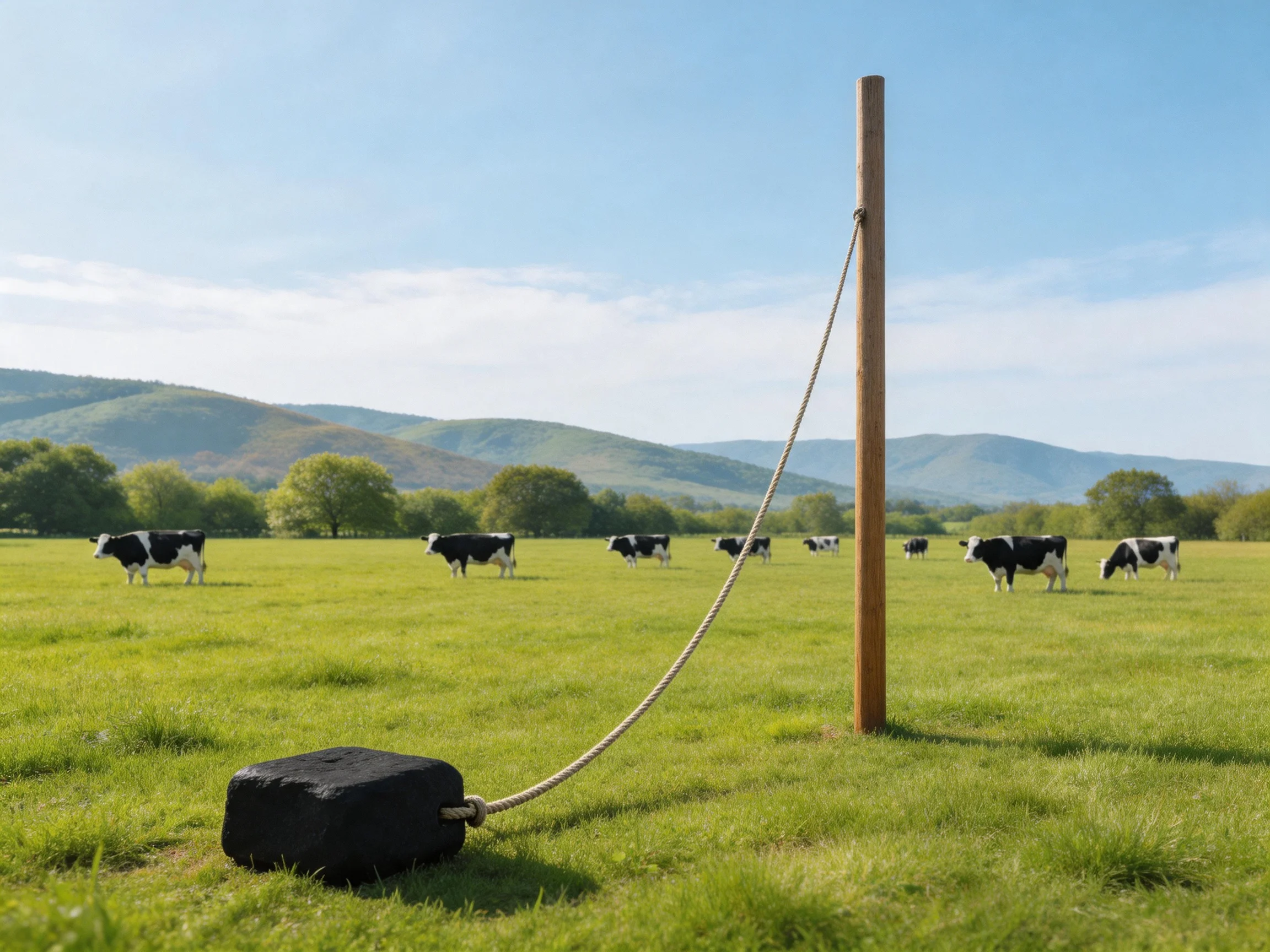 Black-and-white cows graze near a wooden post with a rope and stone