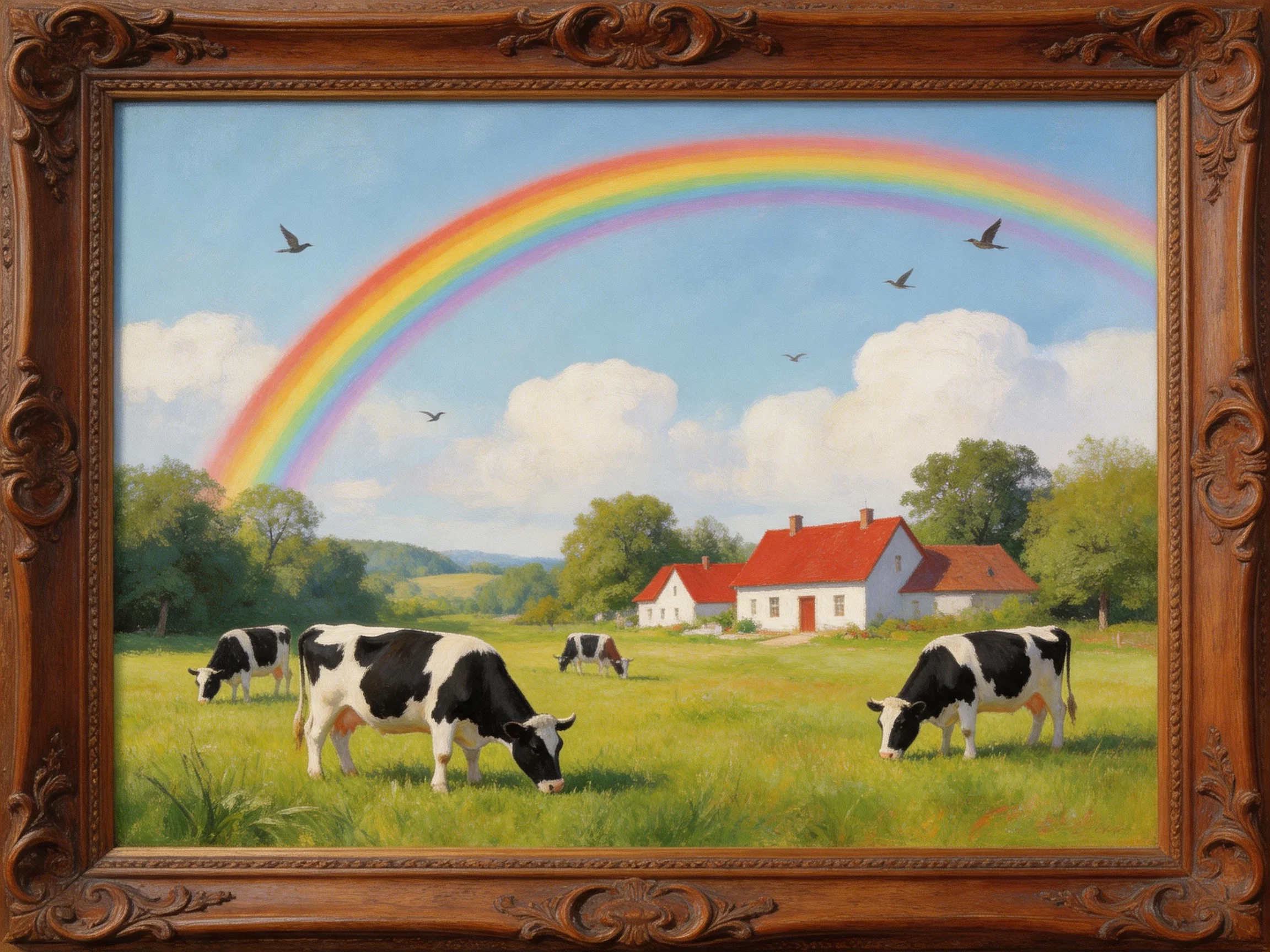 Black-and-white cows graze near red-roofed farmhouses under a vibrant rainbow