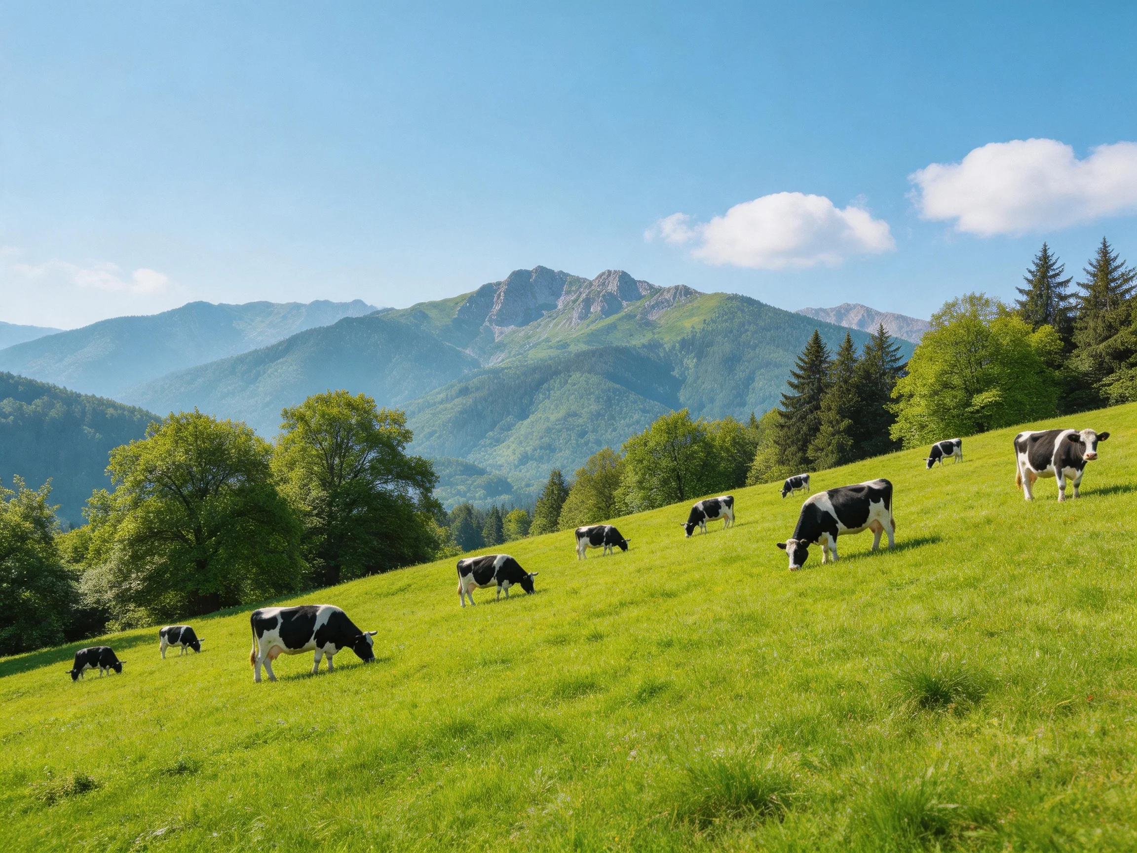 Black-and-white cows graze on a lush green hillside near forested mountains