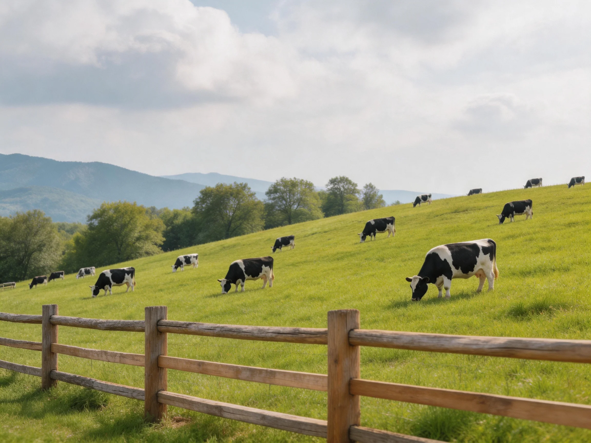 Black and white cows graze on a lush green hillside with a wooden fence