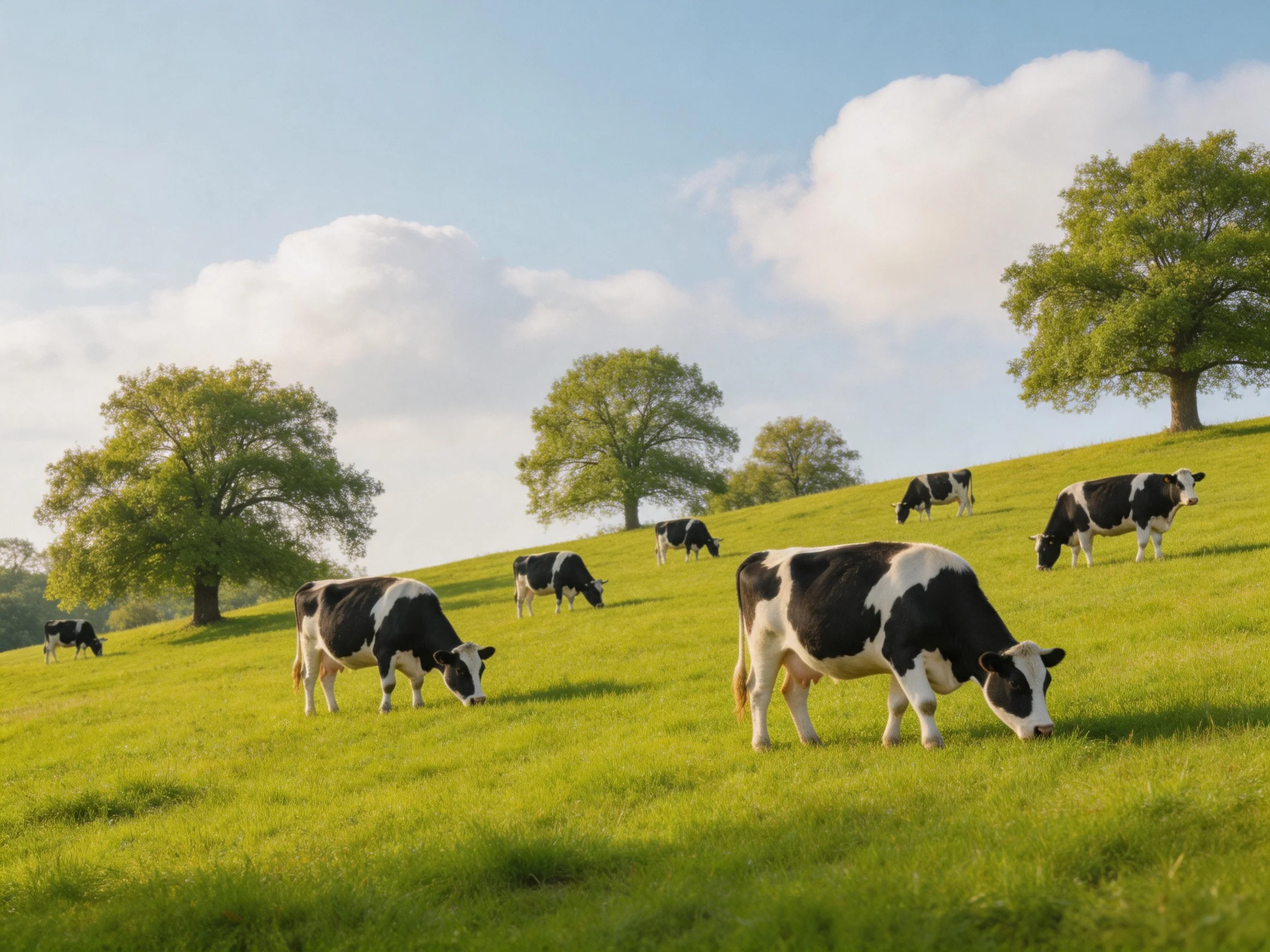 Black-and-white cows graze on a sun-drenched green pasture with tall trees