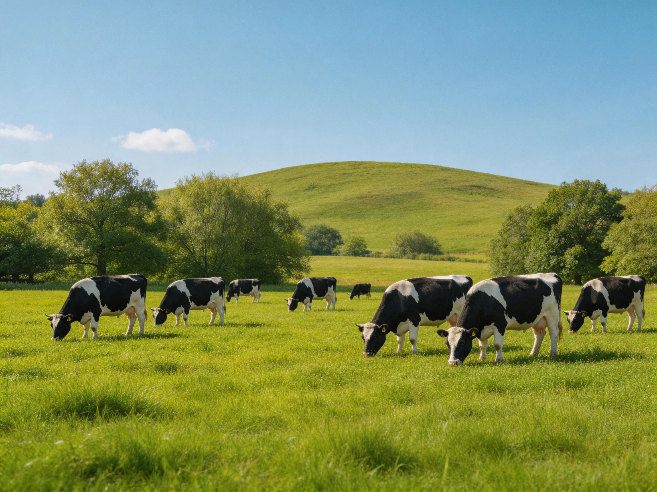 Cows graze in a green pasture with hills and trees.