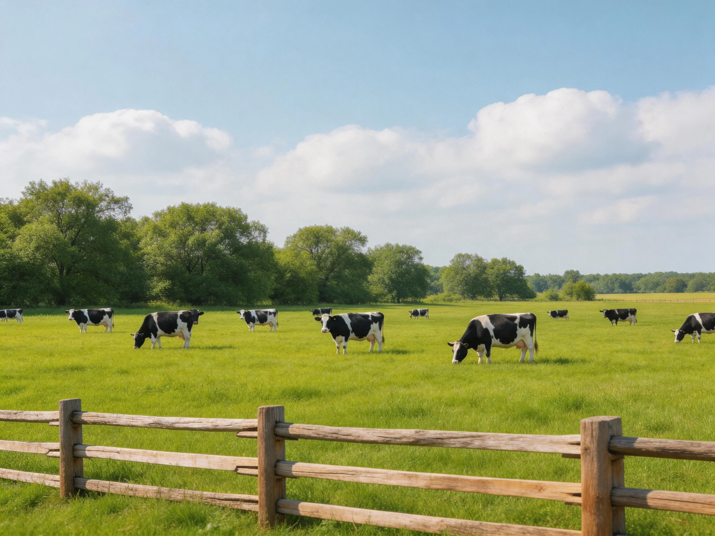 Black and white cows grazing in a lush green pasture near wooden fence