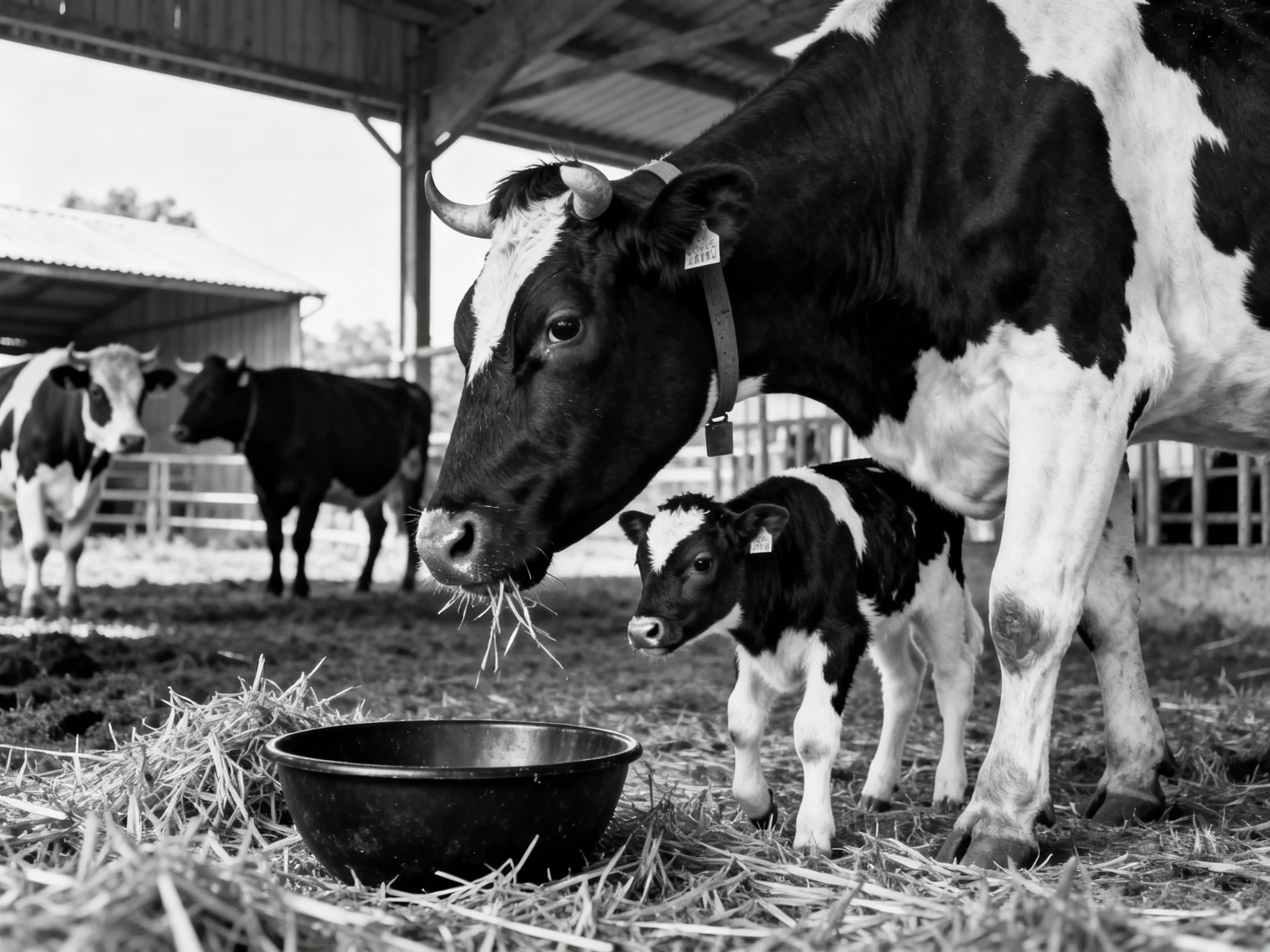 Black and white cows in a barn with hay and a calf