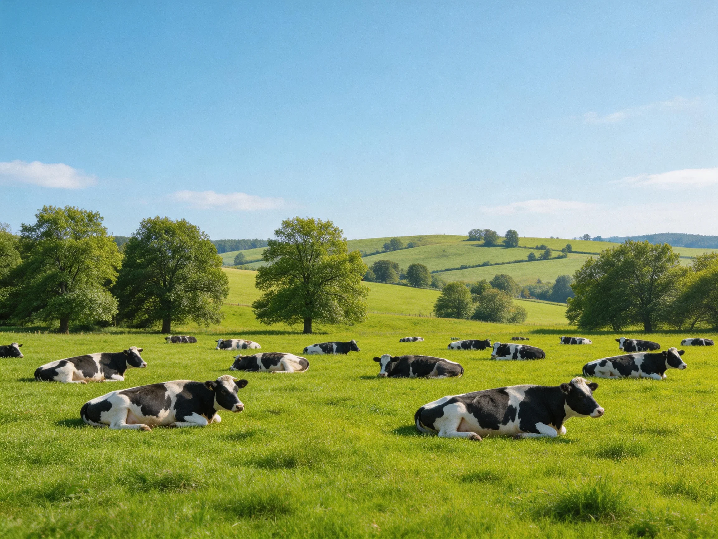 A group of black-and-white cows relaxes in a sunny, green pasture