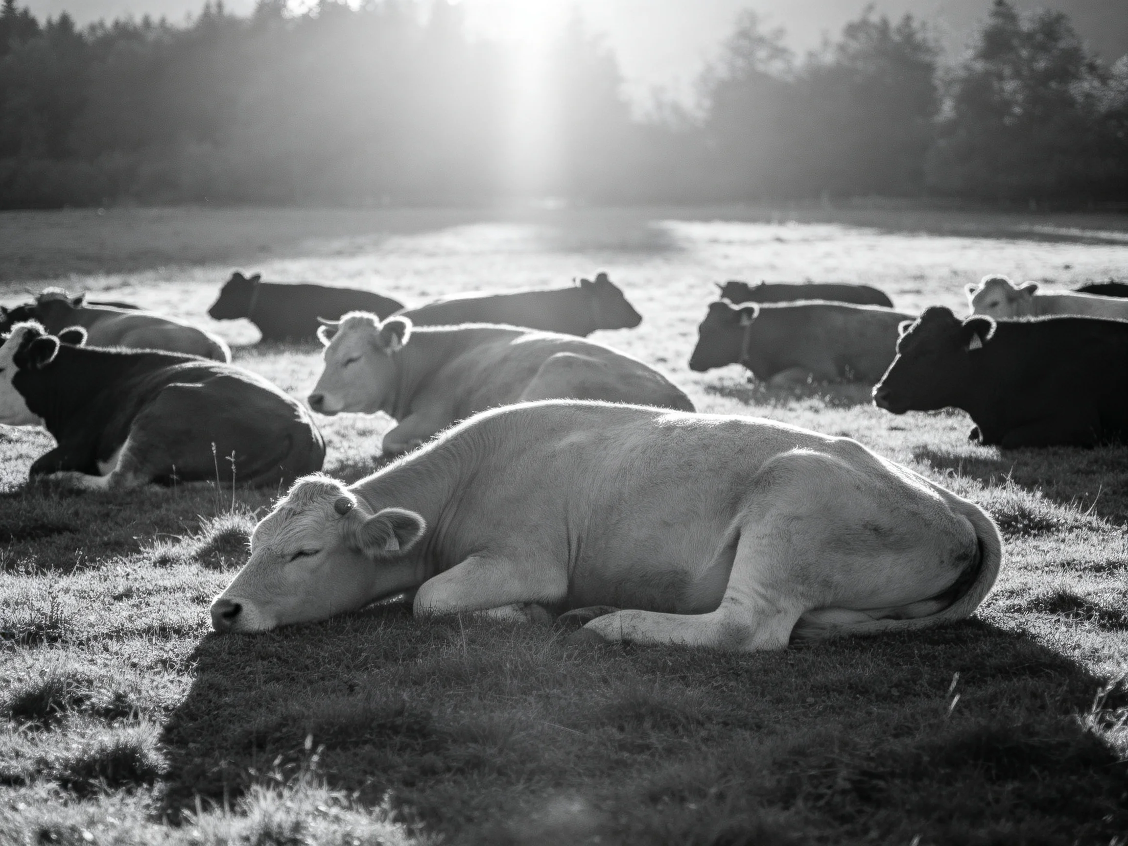 Black and white cows rest in a sunlit open pasture