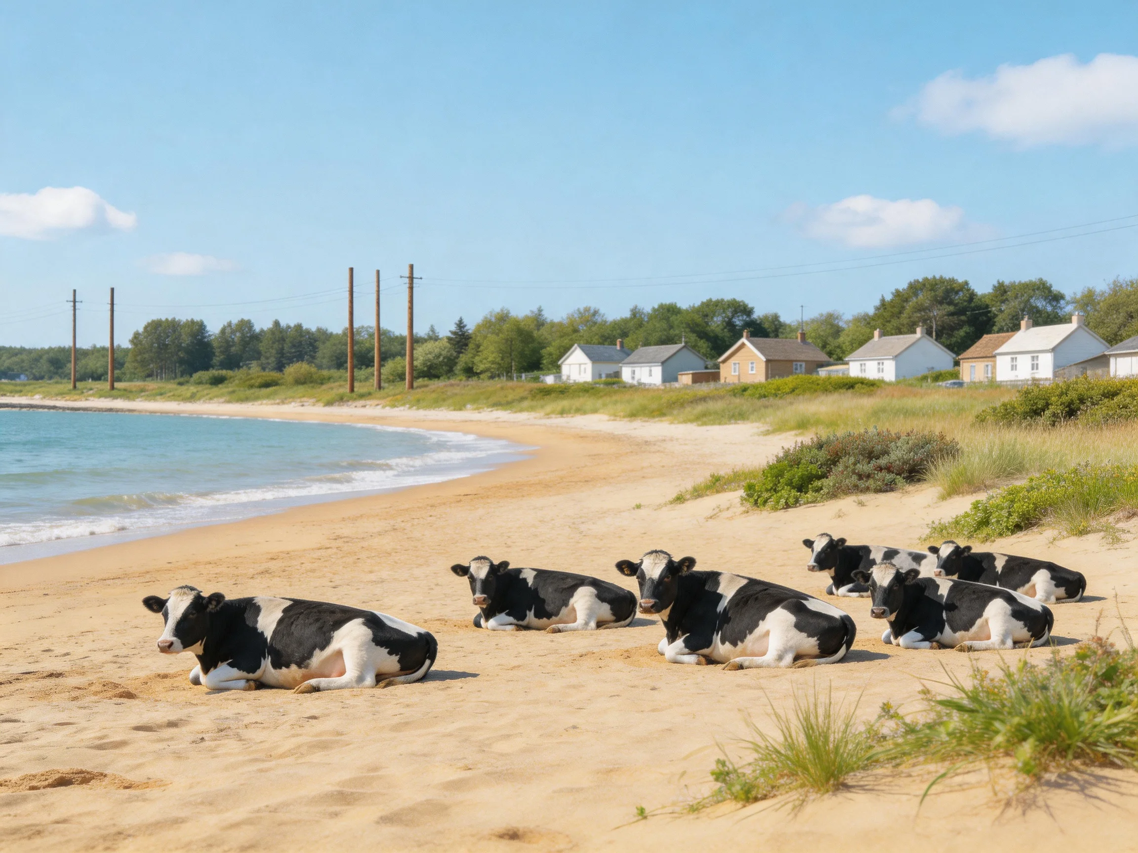 Black-and-white cows rest on a sandy beach near coastal homes