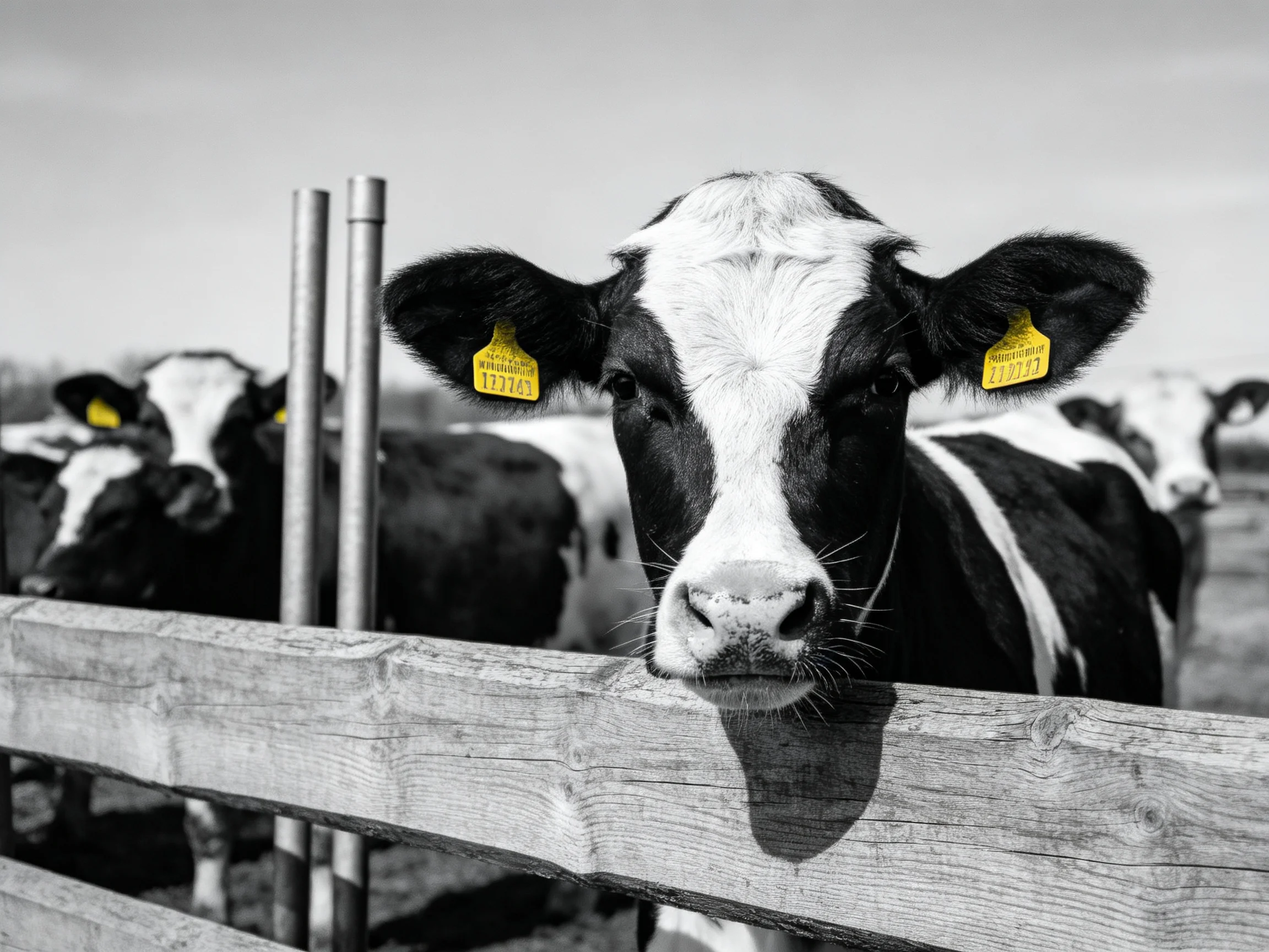 Black and white cows with yellow ear tags near a wooden fence