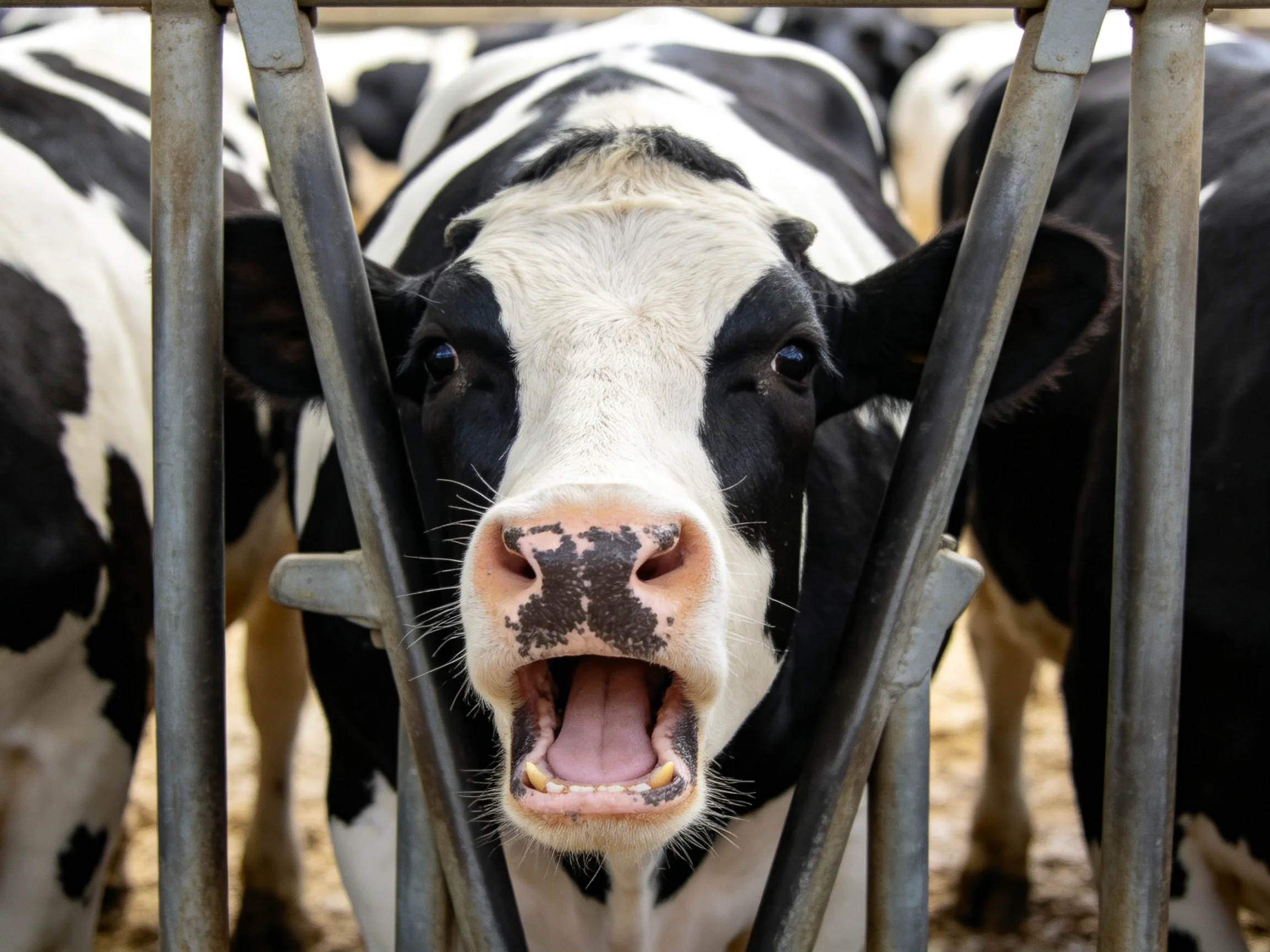 Black and white dairy cow close-up behind metal fencing