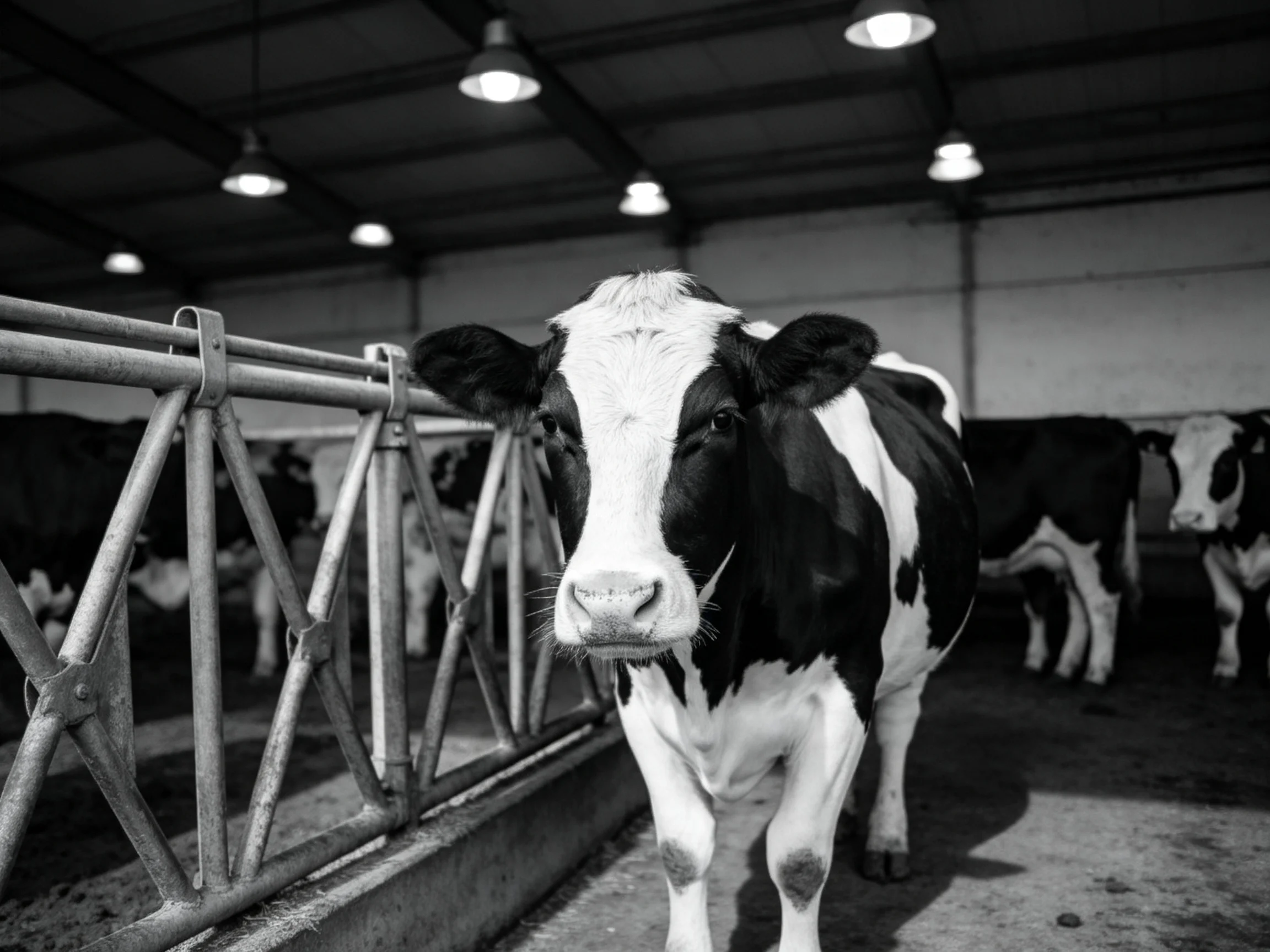 Black and white dairy cows in a barn with metal railings